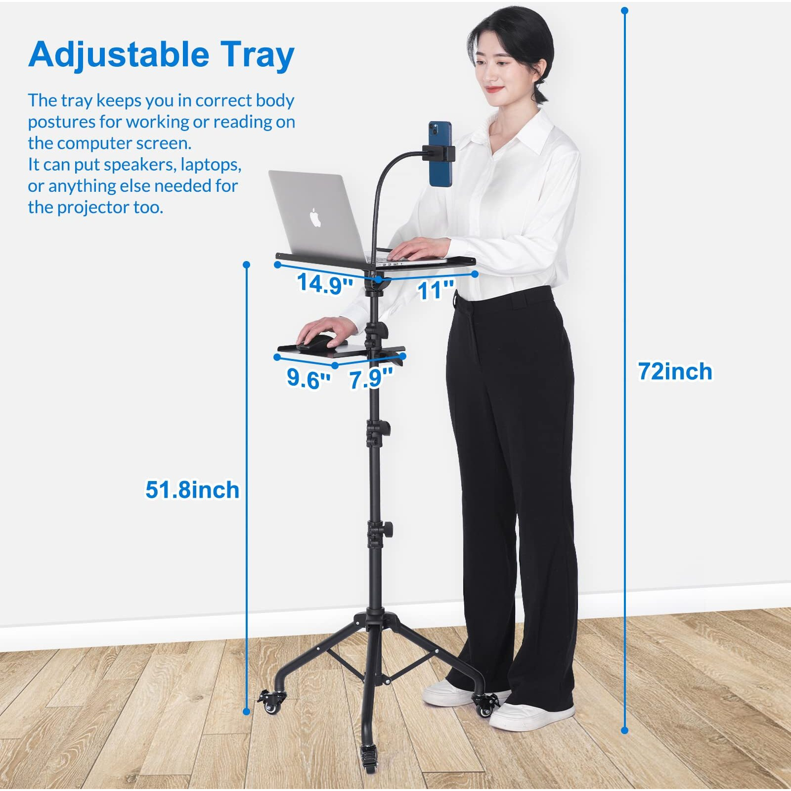 Tossbiss Projector Stand With Wheels, Laptop Tripod Stand With Phone Holder, Rolling Laptop Tripod With Mouse Tray, Adjustable & Portable Tripod For Sheet Music, Dj