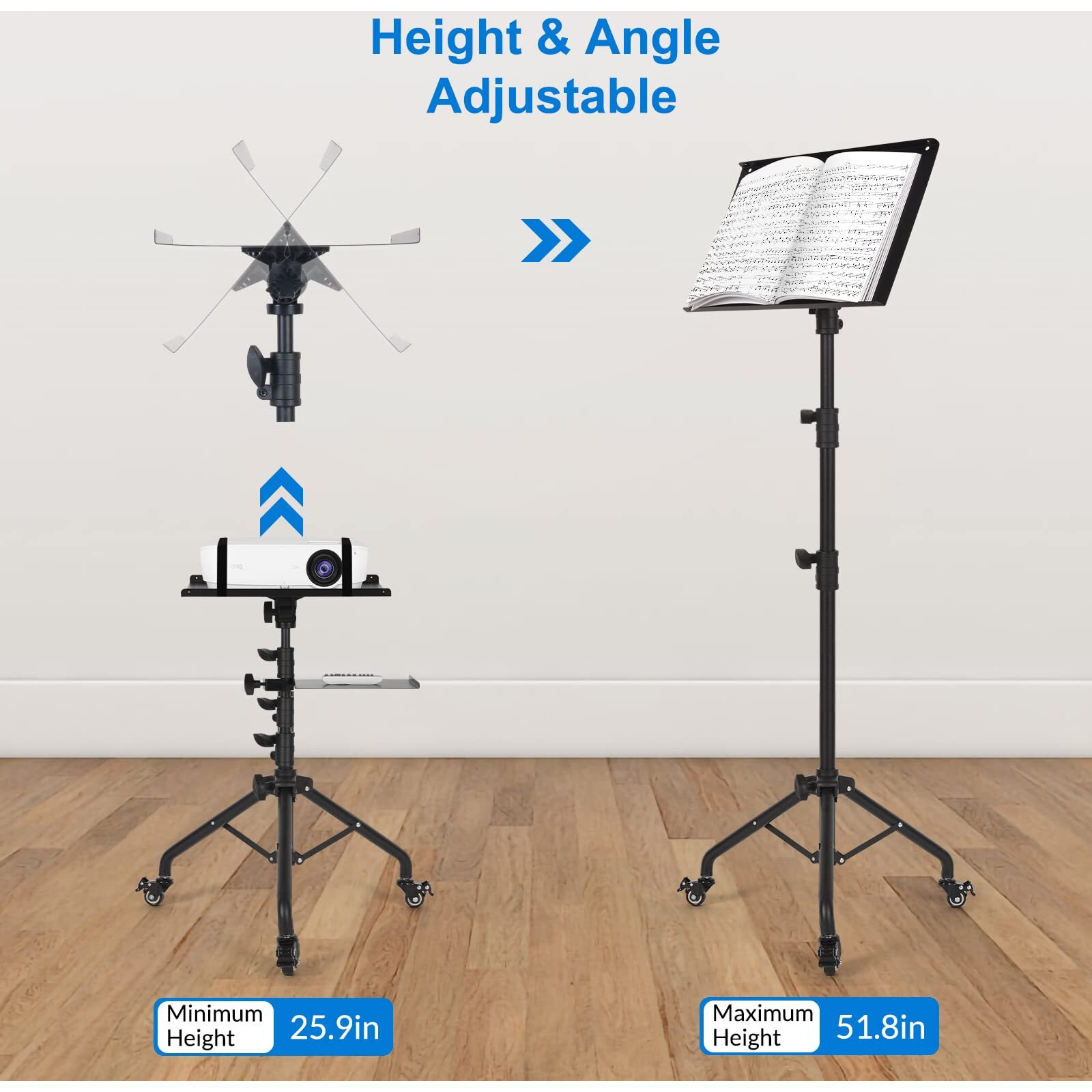Tossbiss Projector Stand With Wheels, Laptop Tripod Stand With Phone Holder, Rolling Laptop Tripod With Mouse Tray, Adjustable & Portable Tripod For Sheet Music, Dj