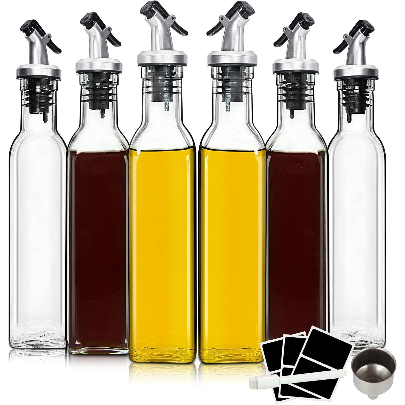 Yeboda 8Oz Clear Glass Olive Oil Dispenser Bottles, And Vinegar Cruet Bottle Includes Pourers, Funnel Labels, Cooking Container For Kitchen 6 Pack