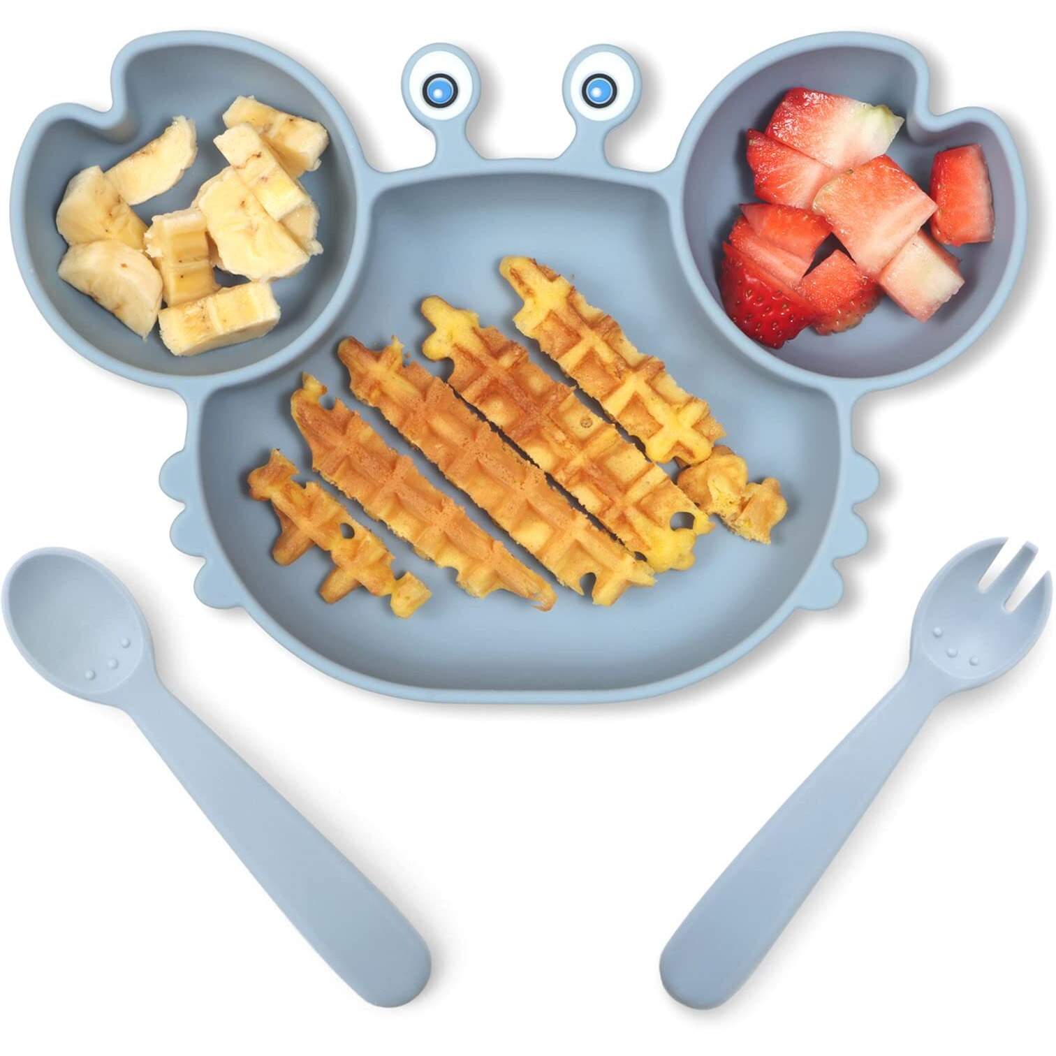 Rocced Suction Plates For Baby, Silicone Plates With Suction Divided, Baby Spoon Fork Set For Toddler Baby Dishes Kids Plates And Utensils-Crab Dusty Blue