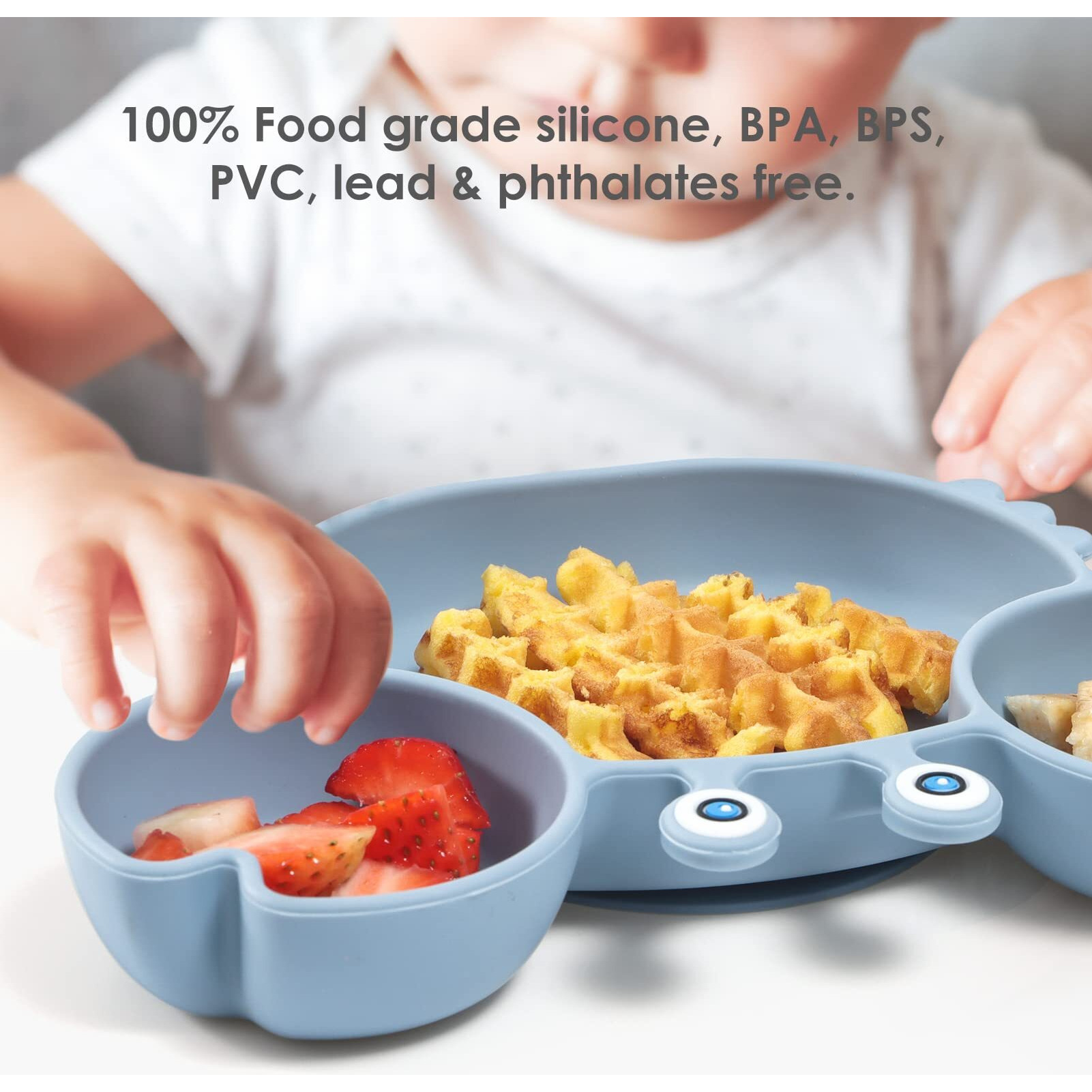 Rocced Suction Plates For Baby, Silicone Plates With Suction Divided, Baby Spoon Fork Set For Toddler Baby Dishes Kids Plates And Utensils-Crab Dusty Blue