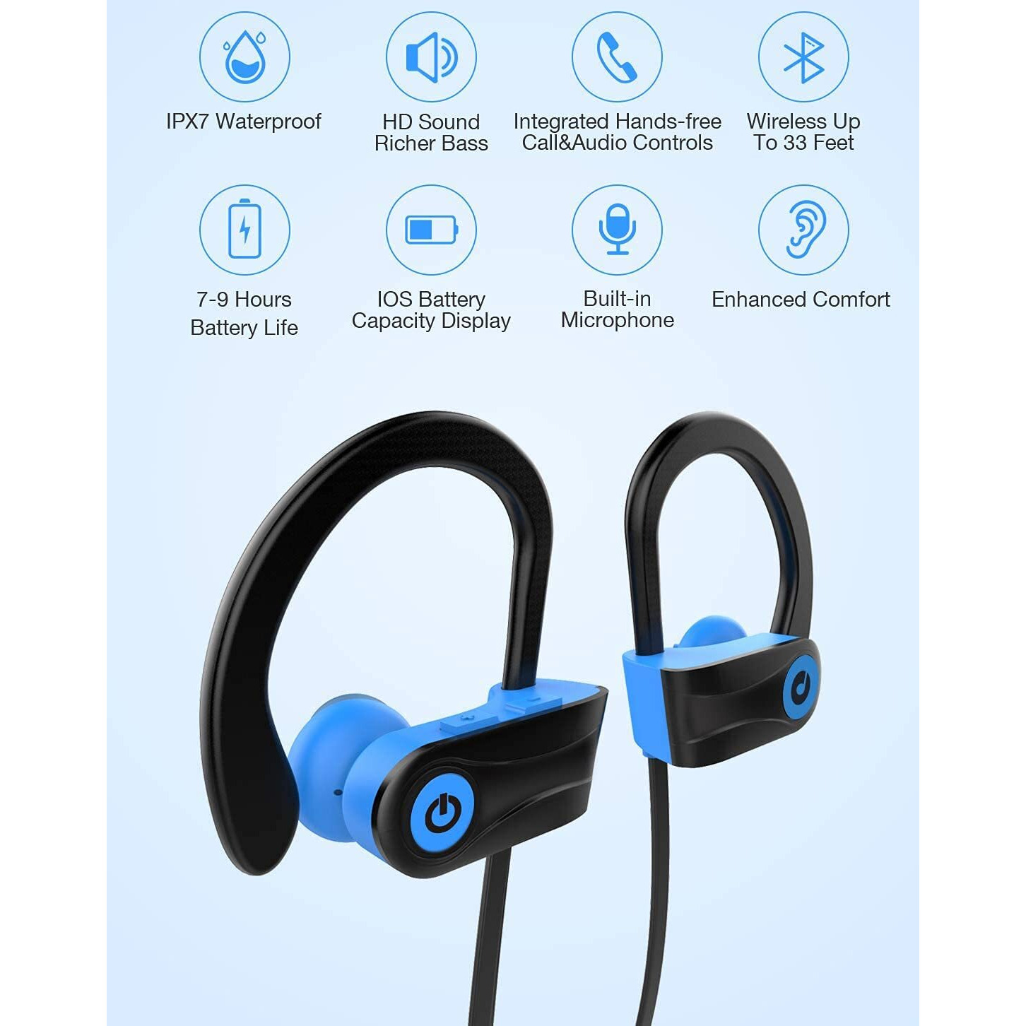 Otium Bluetooth Headphones, Wireless Sports Earbuds, Waterproof Ipx7 W/Mic, Hd Stereo In-Ear Earphones, Case, Fast Pairing, Gym Running Workout, 16 Hrs Battery Noise Cancelling Headsets
