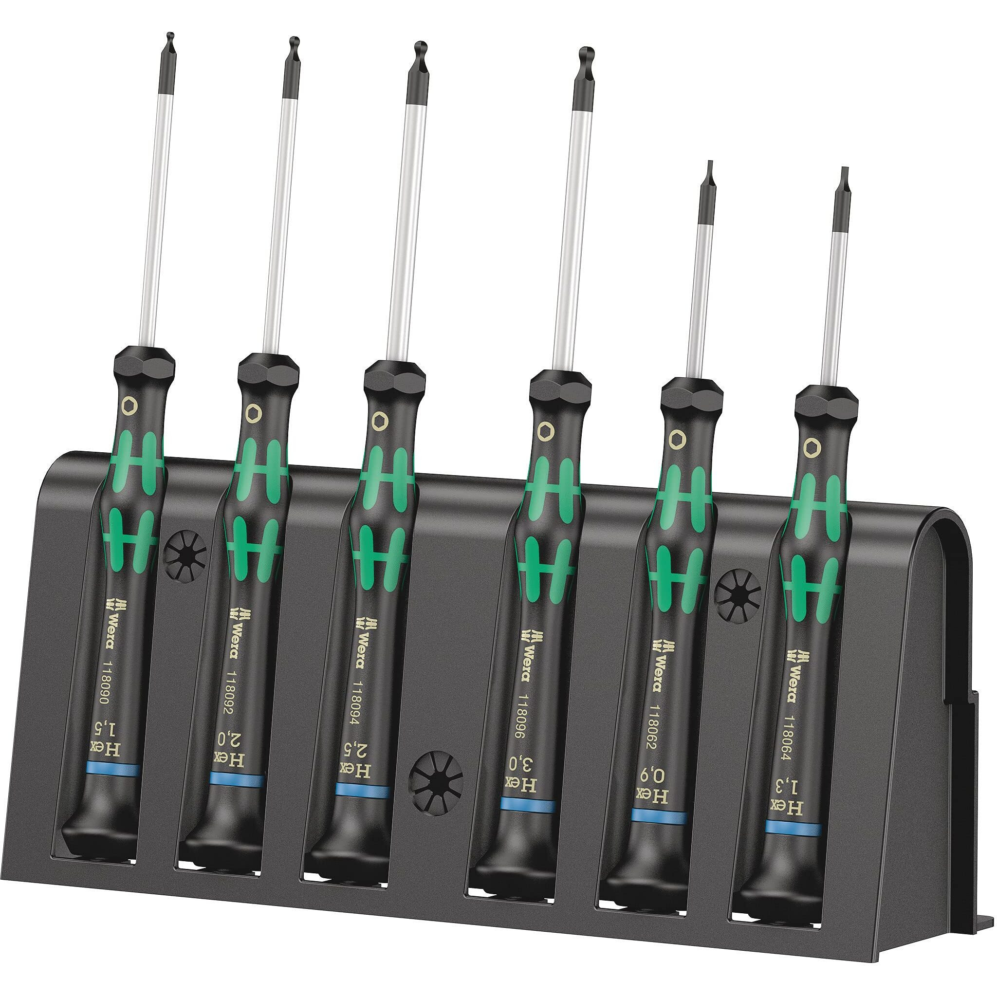 Wera - 5118156001 2052/6 Kraftform Micro Ballhead Hexagon Electronics Screwdriver Set And Rack, 6-Piece