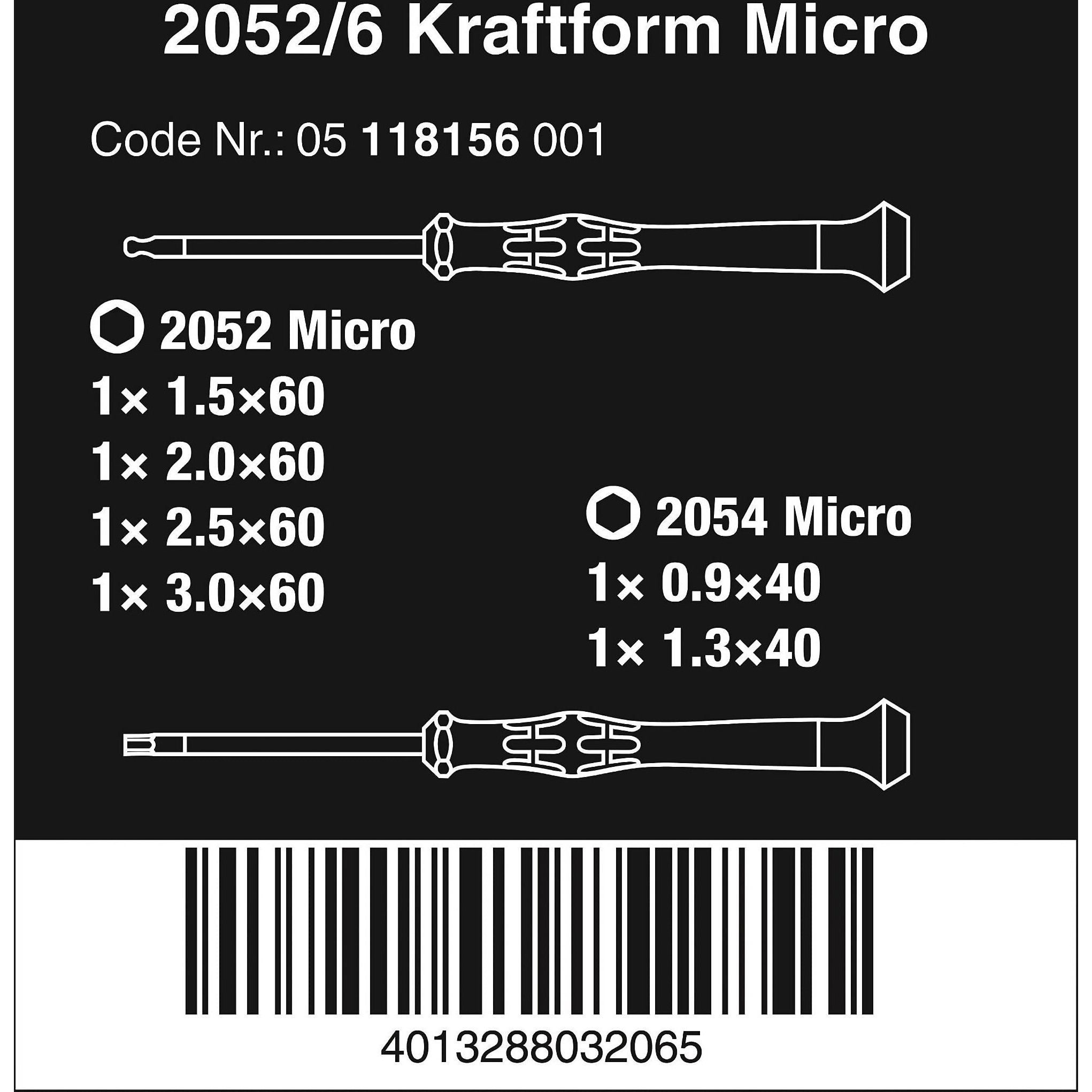 Wera - 5118156001 2052/6 Kraftform Micro Ballhead Hexagon Electronics Screwdriver Set And Rack, 6-Piece