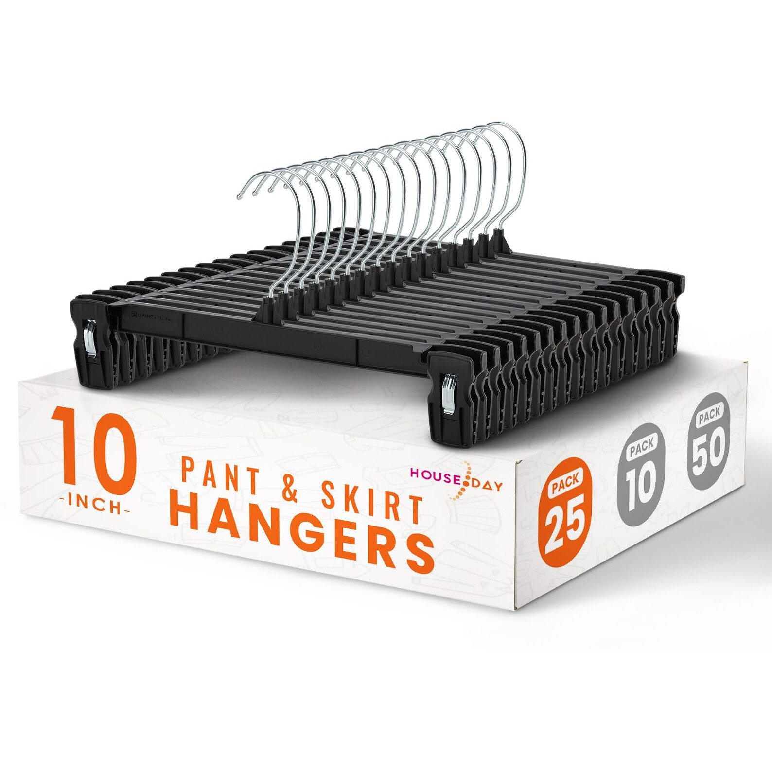 House Day Skirt Hangers 25 Pcs 10Inch Black Plastic Pants Hangers With Non-Slip Big Clips And 360 Swivel Hook, Durable Sturdy Plastic, Space-Saving Shape, Elegant For Closet Organizing