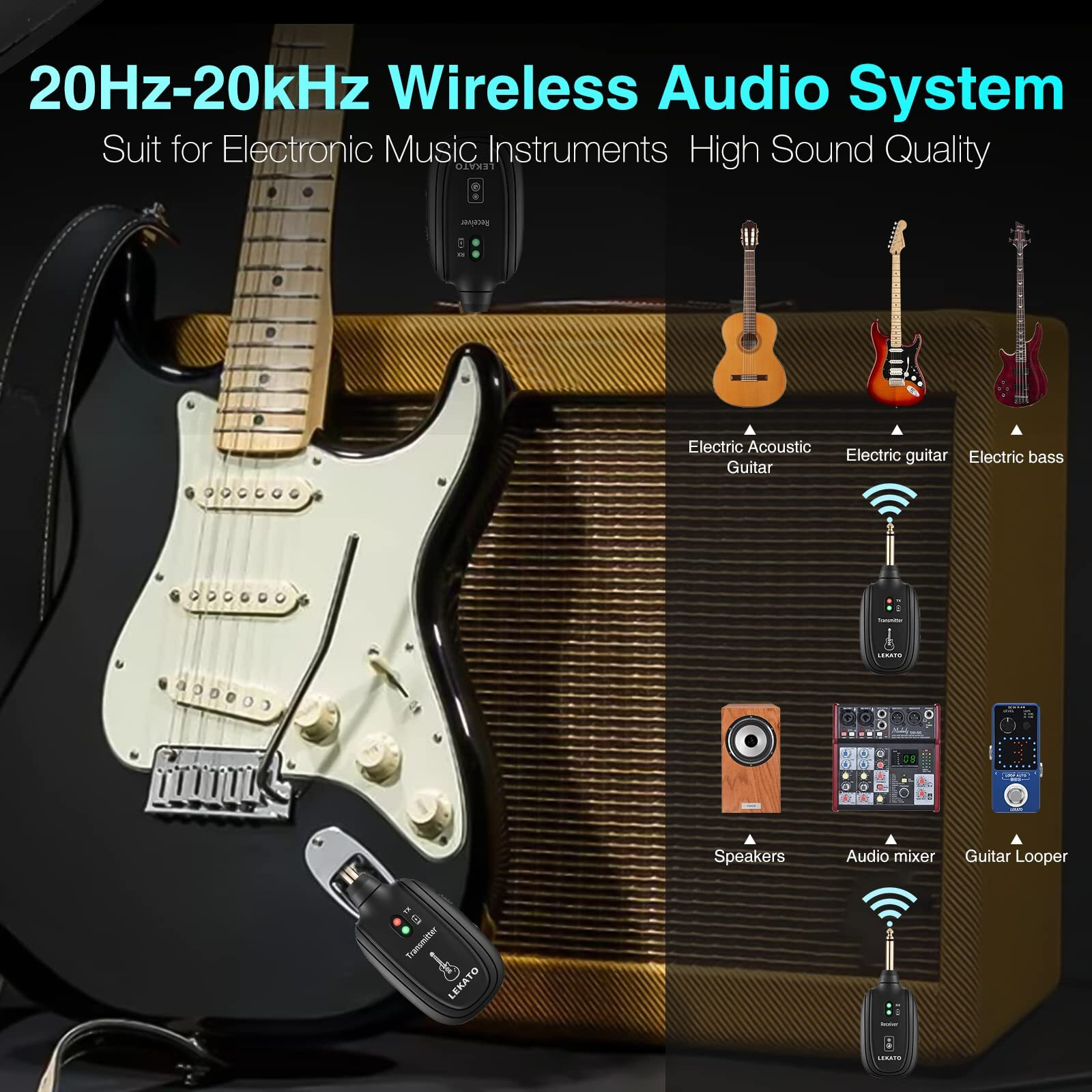 Lekato Wireless Guitar System Built-In Rechargeable 4 Channels Wireless Guitar Transmitter Receiver For Electric Guitar Bass Violin