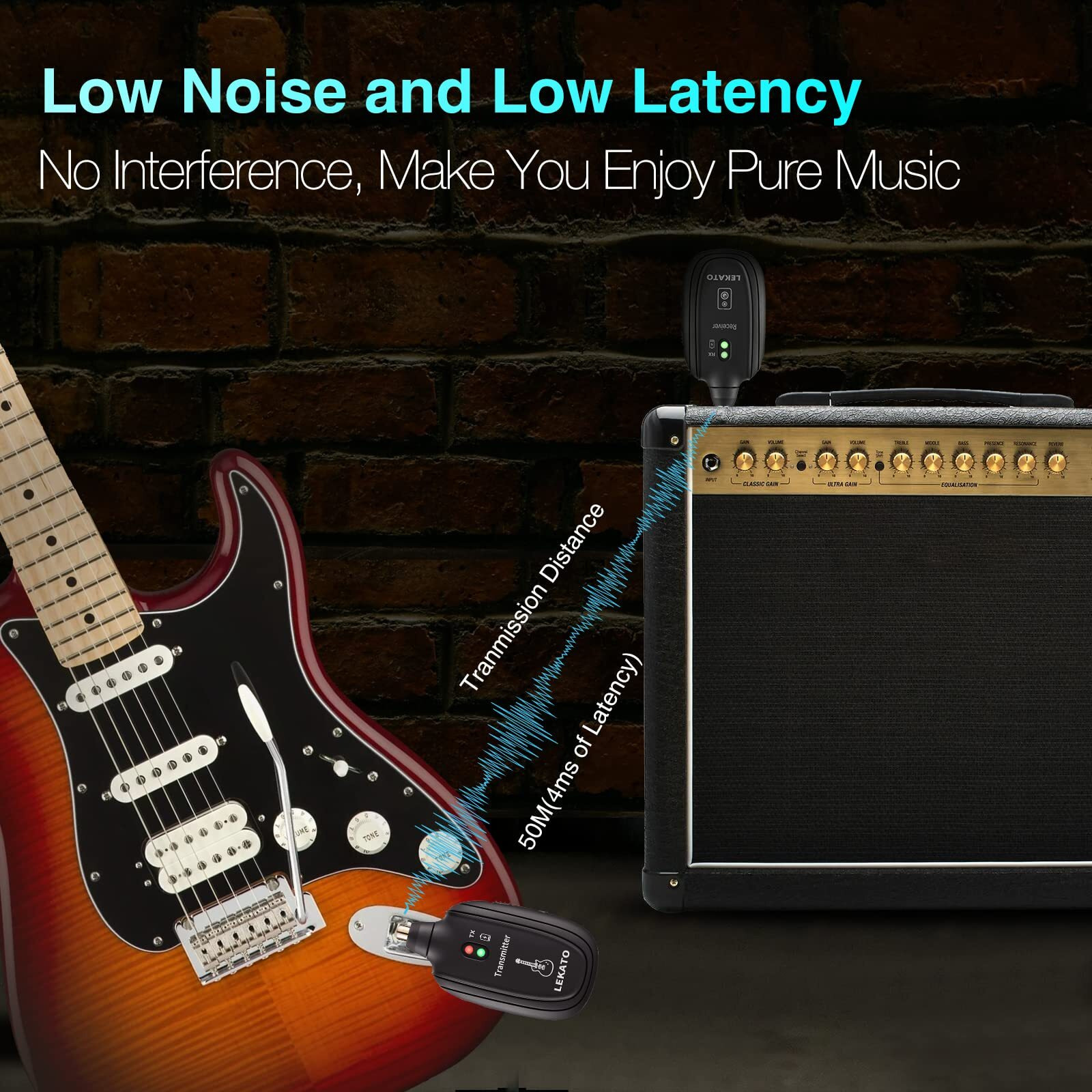 Lekato Wireless Guitar System Built-In Rechargeable 4 Channels Wireless Guitar Transmitter Receiver For Electric Guitar Bass Violin