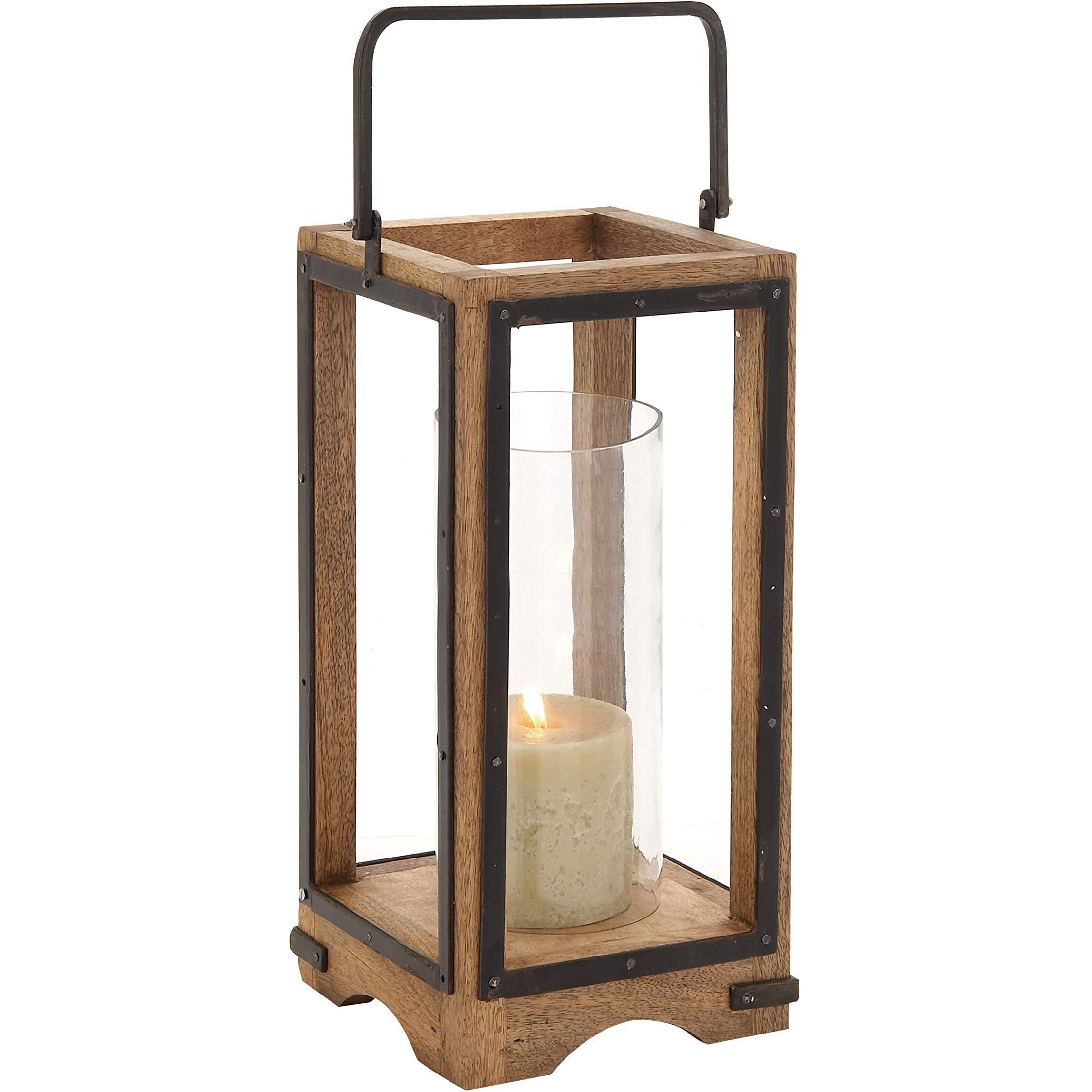 Deco 79 Wood And Metal And Glass Lantern, 8"" X 8"" X 22""