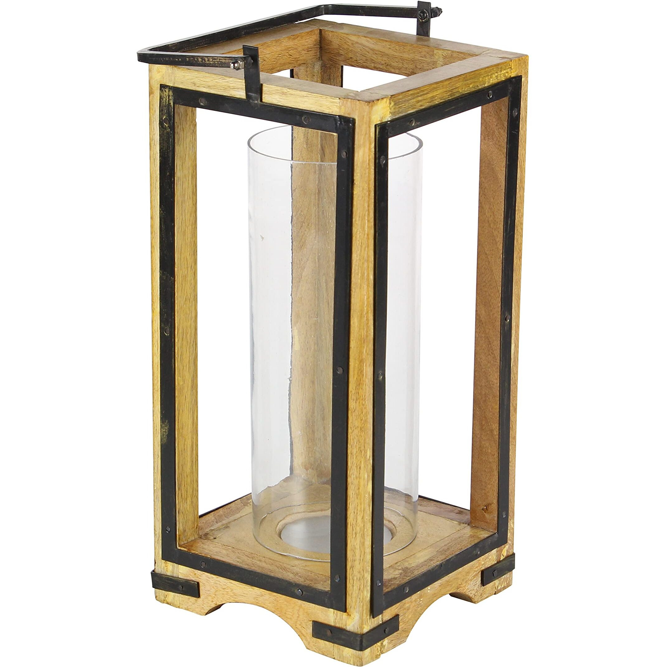 Deco 79 Wood And Metal And Glass Lantern, 8"" X 8"" X 22""