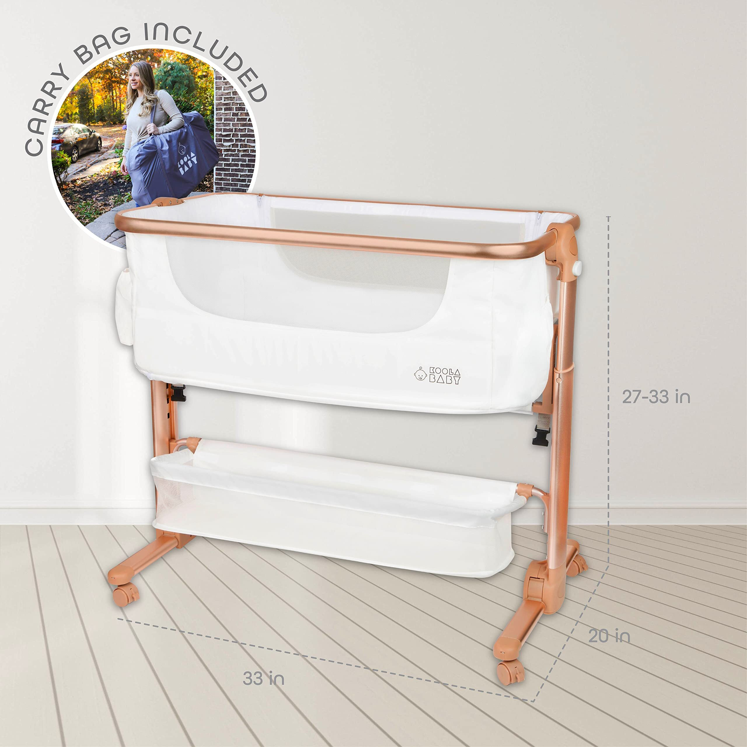 Koolerthings Baby Bassinet, Bedside Sleeper For Baby, Easy Folding Portable Crib With Storage Basket For Newborn, Bedside Bassinet, Comfy Mattress/Travel Bag Included (White And Gold)