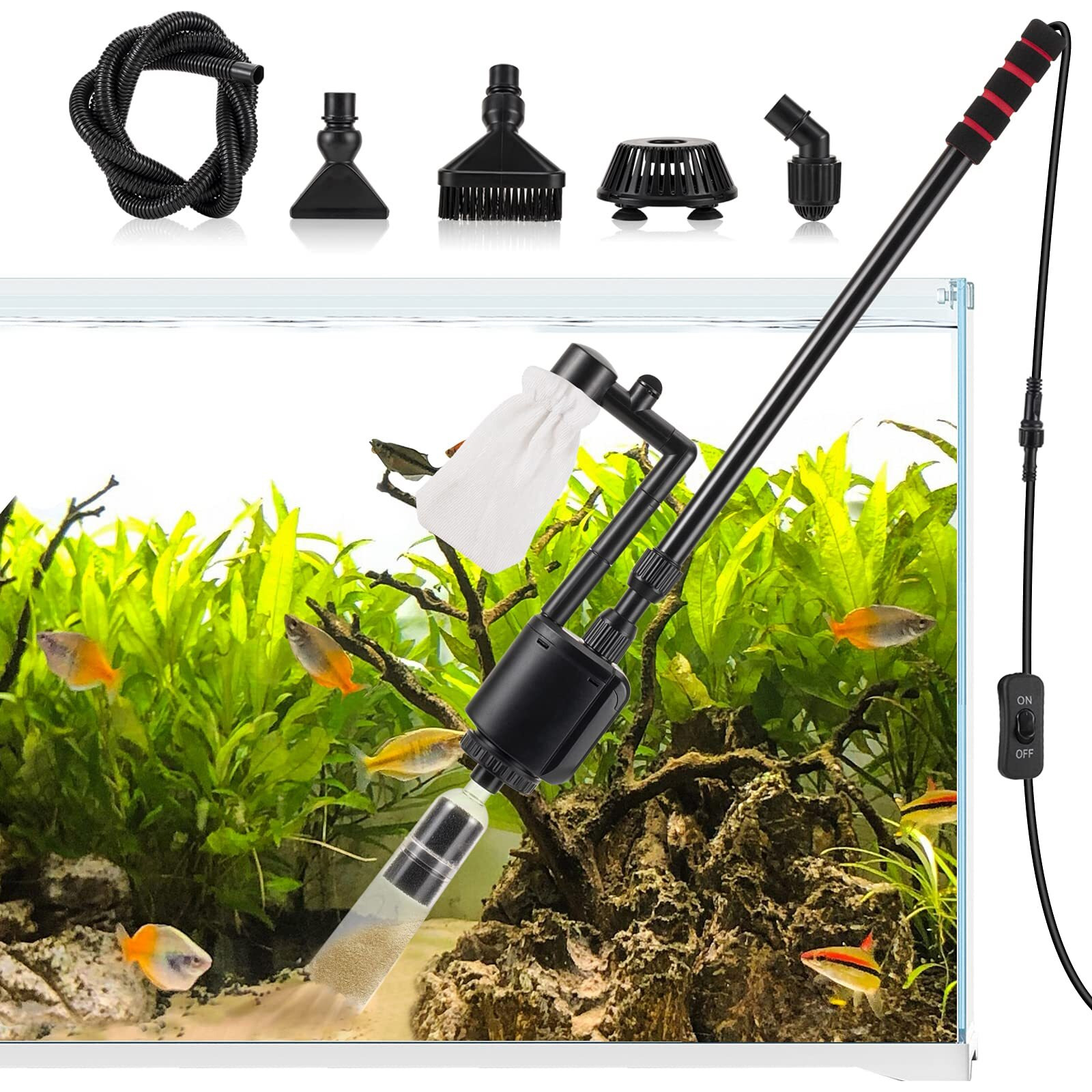 Aqqa Aquarium Gravel Cleaner, 6-In-1 Electric Fish Tanks Gravel Vacuum Cleaner Set For Remove Dirt, Change Water, Wash Sand, Water Shower, Water Circulation (20W, 320Gph)