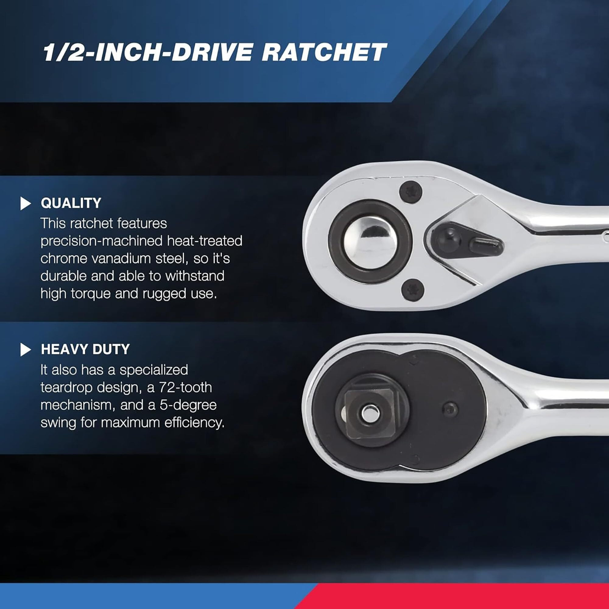 Neiko 03103A 1/2 Inch Ratchet Wrench, 72-Tooth Reversible Ratchet, Quick Release 1/2 Drive Ratchet, 10 Inch Oval Head Socket Wrench, Cr-V Steel Rachet Wrench