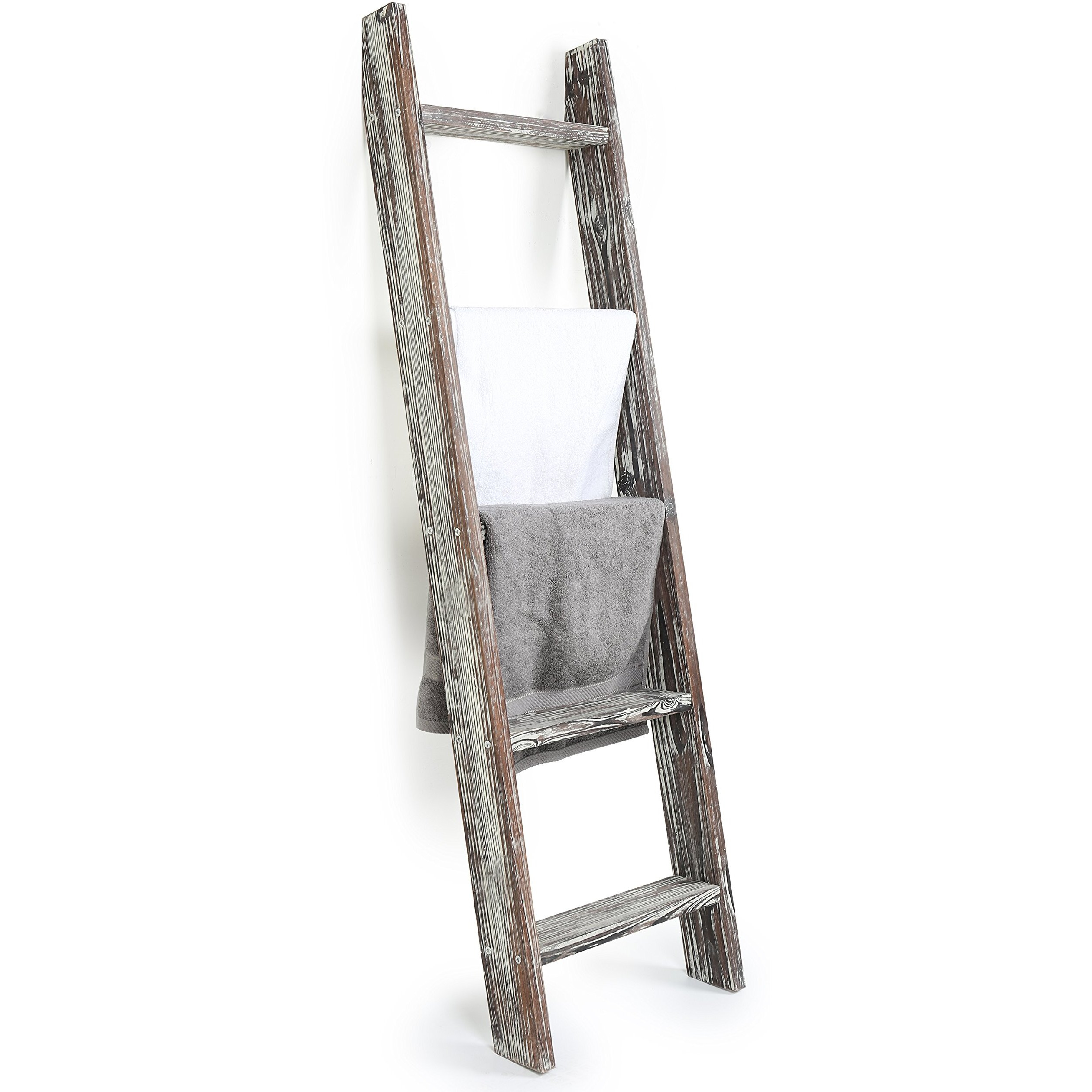 Mygift Torched Brown Wood Decorative Ladder Shelf, 4.5 Foot Wall Leaning Wooden Towel Blanket Ladder Storage Rack For Bathroom Or Living Room