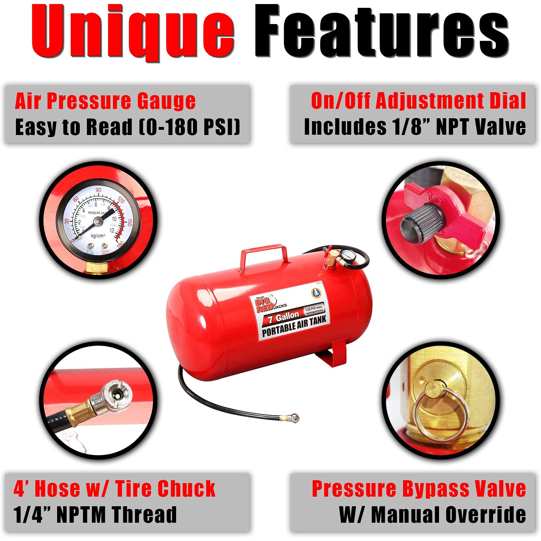 Big Red T88007 Torin Portable Horizontal Air Tank With 36"" Hose, 7 Gallon Capacity, Red