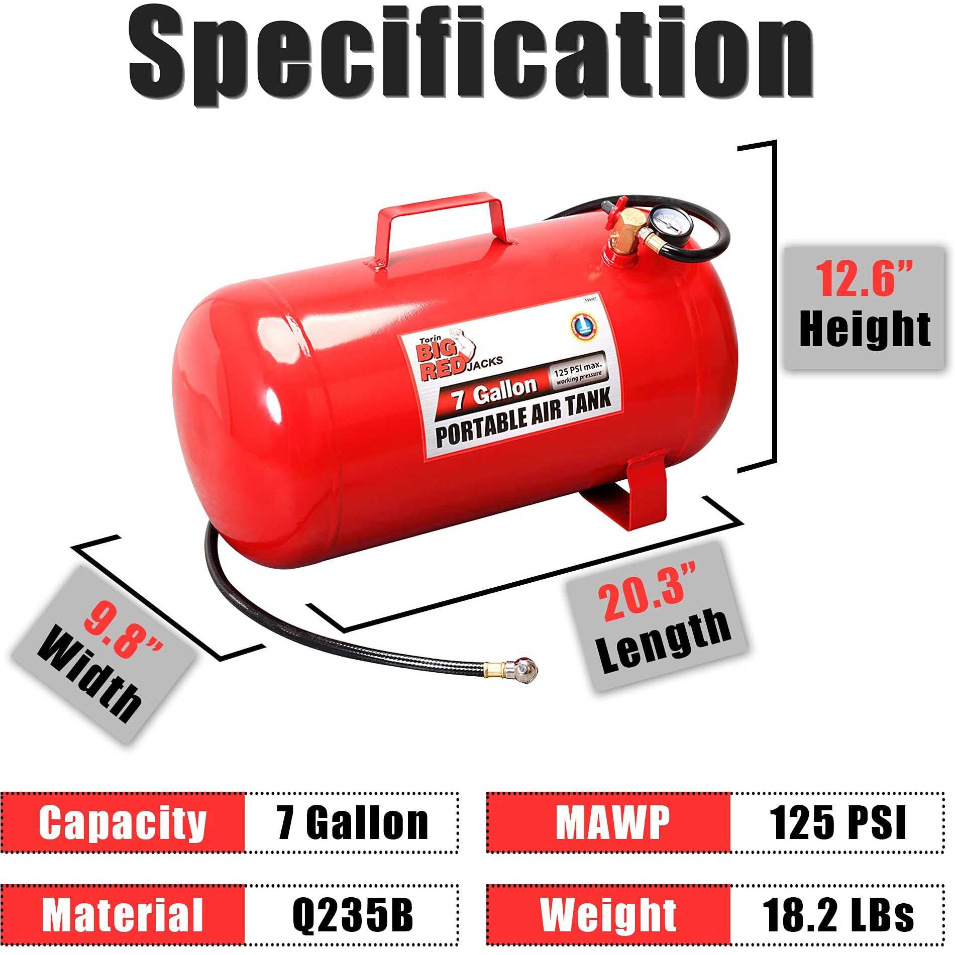 Big Red T88007 Torin Portable Horizontal Air Tank With 36"" Hose, 7 Gallon Capacity, Red
