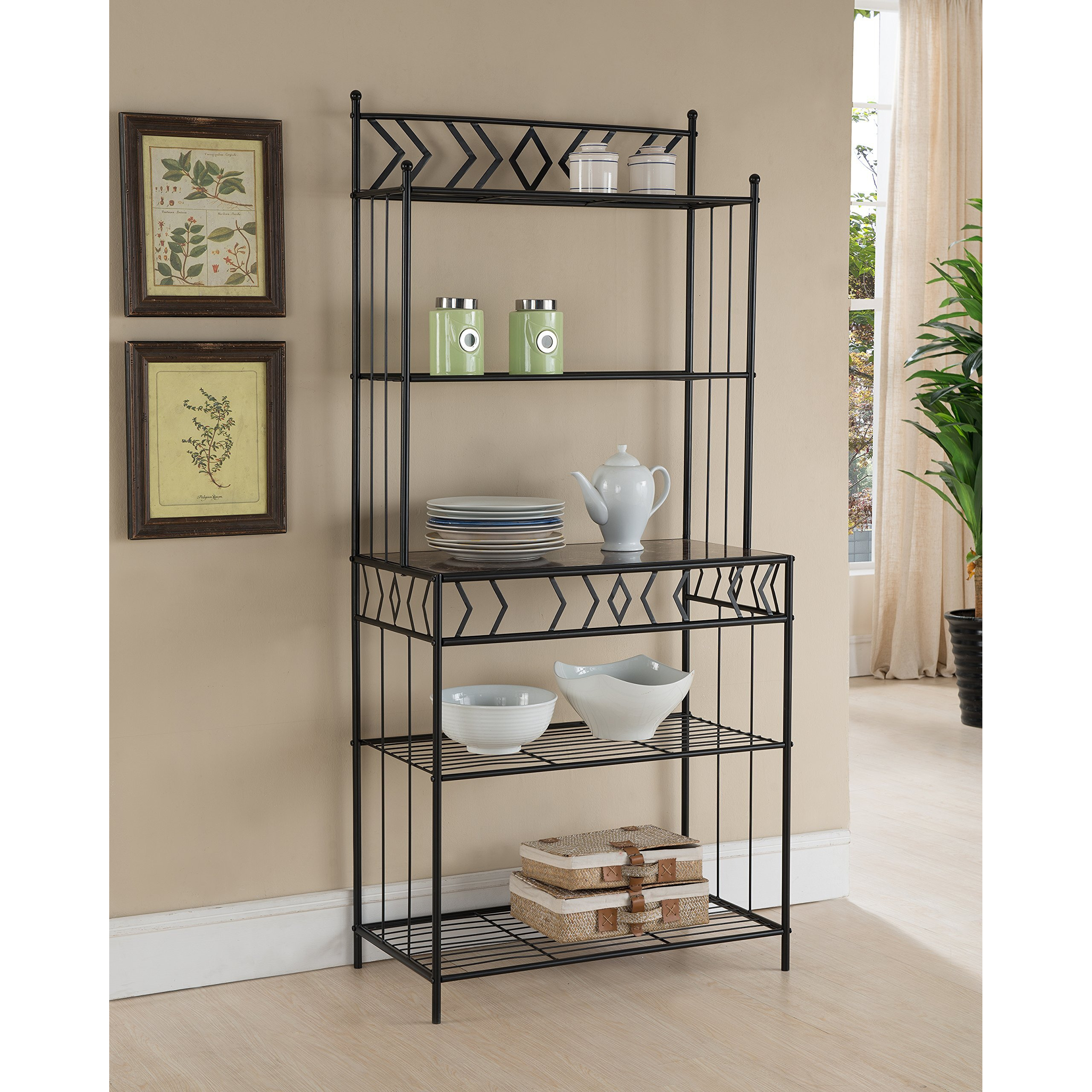 Kings Brand Furniture - 5-Tier Standing Kitchen Bakers Rack For With Storage Microwave Stand, Metal Frame With Marble Finish - Black