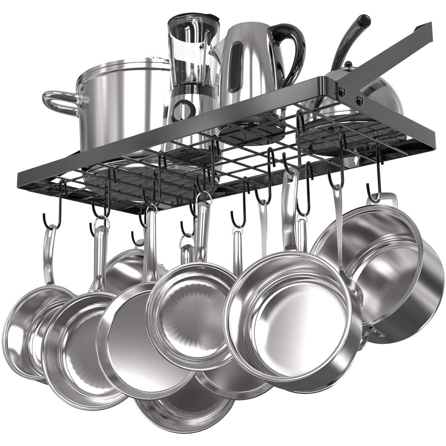 Vdomus Hanging Pot Rack, Wall Mounted Pots And Pans Holder 29.3 By 13 Inch - Kitchen Cookware Organizer For Pots And Pans Storage 15 Hooks, Ideal For Pans, Utensils, Cookware In Square Grid - Black