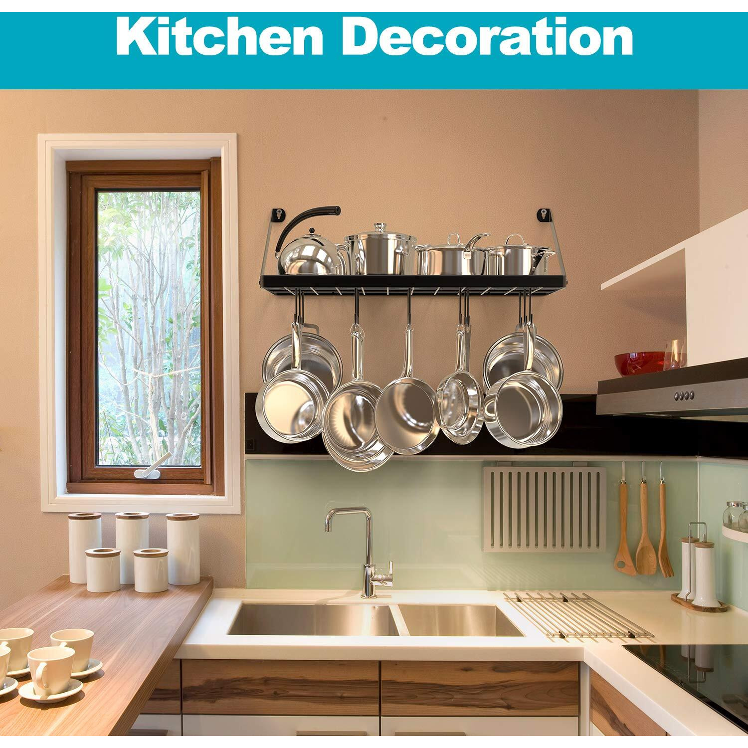 Vdomus Hanging Pot Rack, Wall Mounted Pots And Pans Holder 29.3 By 13 Inch - Kitchen Cookware Organizer For Pots And Pans Storage 15 Hooks, Ideal For Pans, Utensils, Cookware In Square Grid - Black