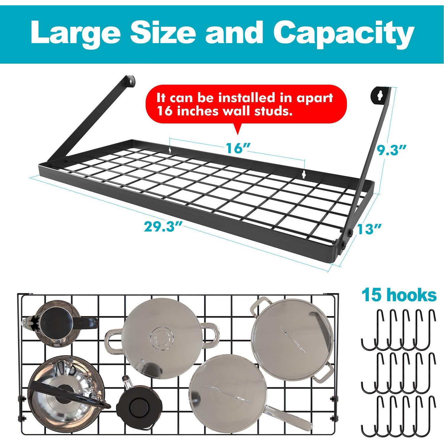 Vdomus Hanging Pot Rack, Wall Mounted Pots And Pans Holder 29.3 By 13 Inch - Kitchen Cookware Organizer For Pots And Pans Storage 15 Hooks, Ideal For Pans, Utensils, Cookware In Square Grid - Black