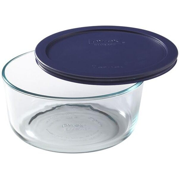 Pyrex Storage Plus 7-Cup Round Glass Food Storage Dish, Blue Cover, Pack Of 2 - Original Genuine Pyrex - Made In The Usa