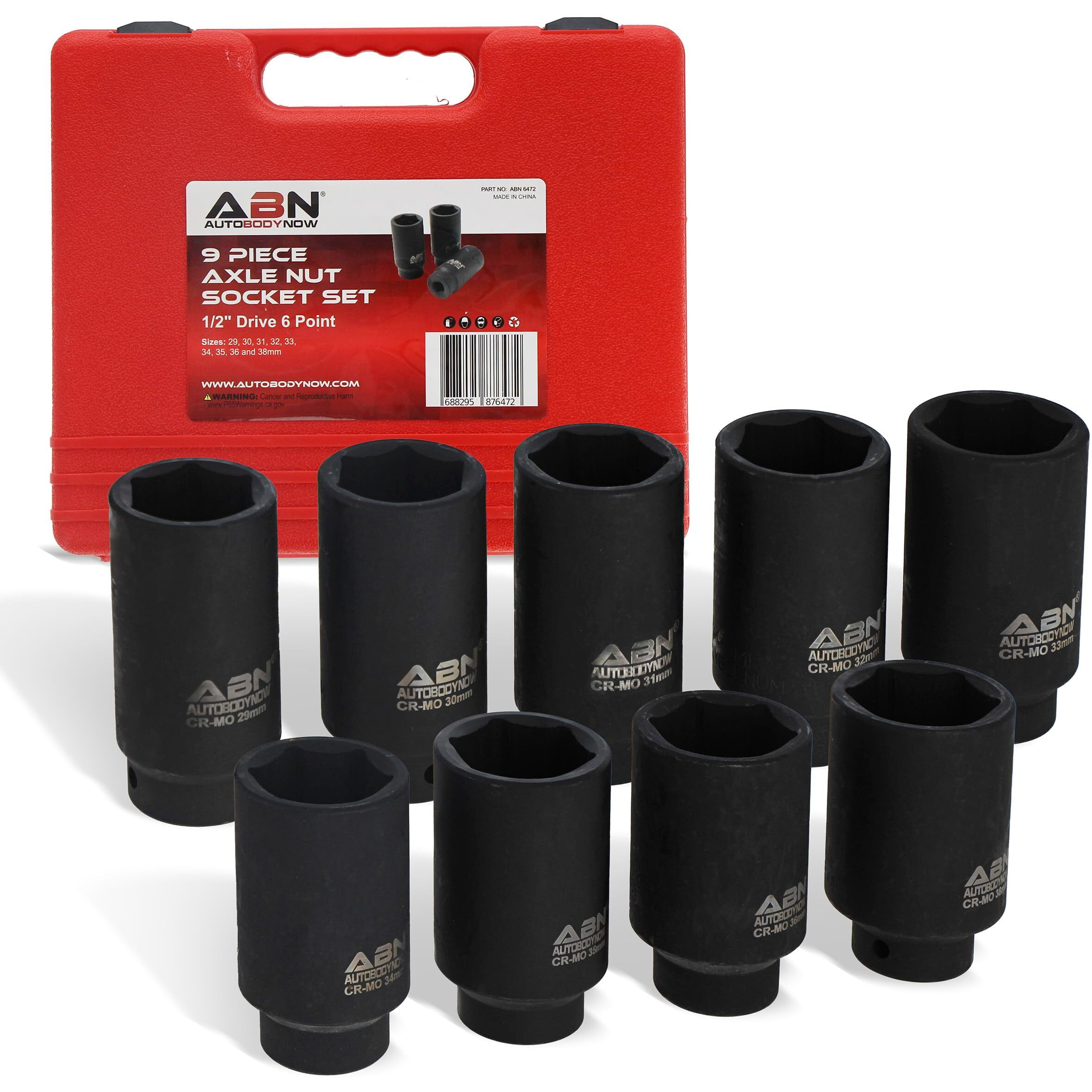 Abn 1/2In Drive 6 Point Spindle Thin Wall Axle Nut Socket 9-Piece Metric Set - 6Pt Install, Removal, Repair