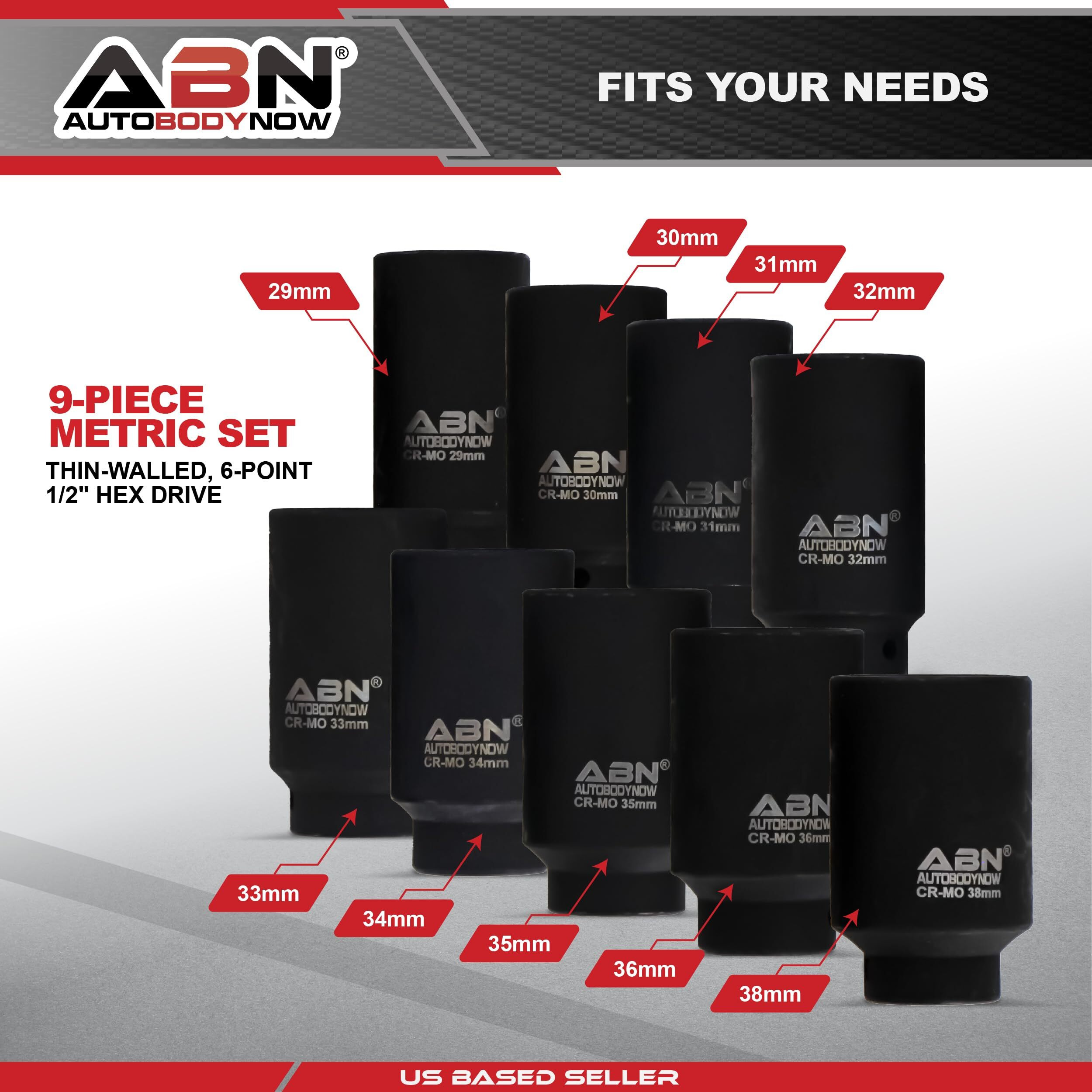 Abn 1/2In Drive 6 Point Spindle Thin Wall Axle Nut Socket 9-Piece Metric Set - 6Pt Install, Removal, Repair