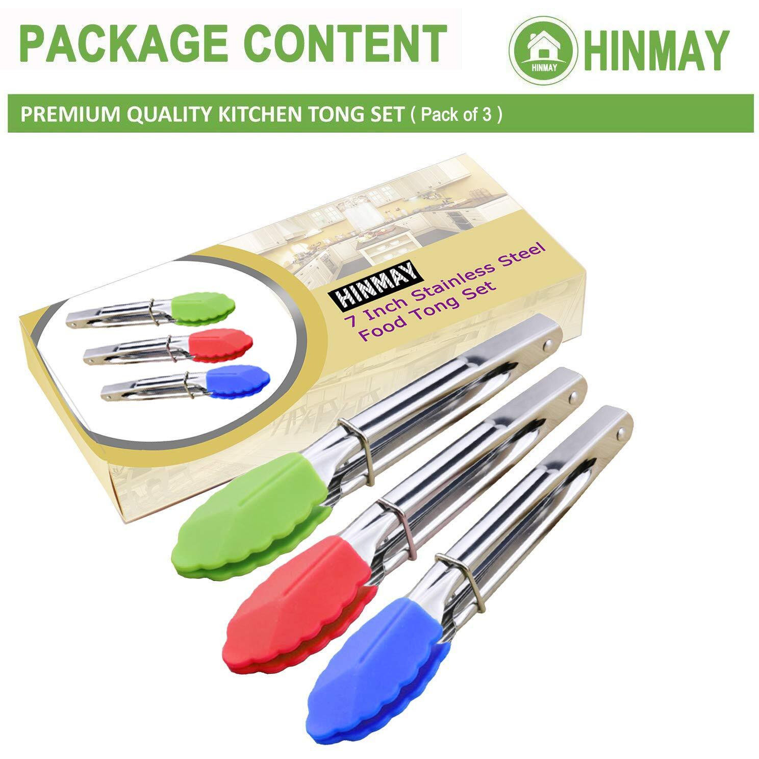 Hinmay Mini Tongs With Silicone Tips 7-Inch Serving Tongs, Set Of 3 (Green Red Blue)
