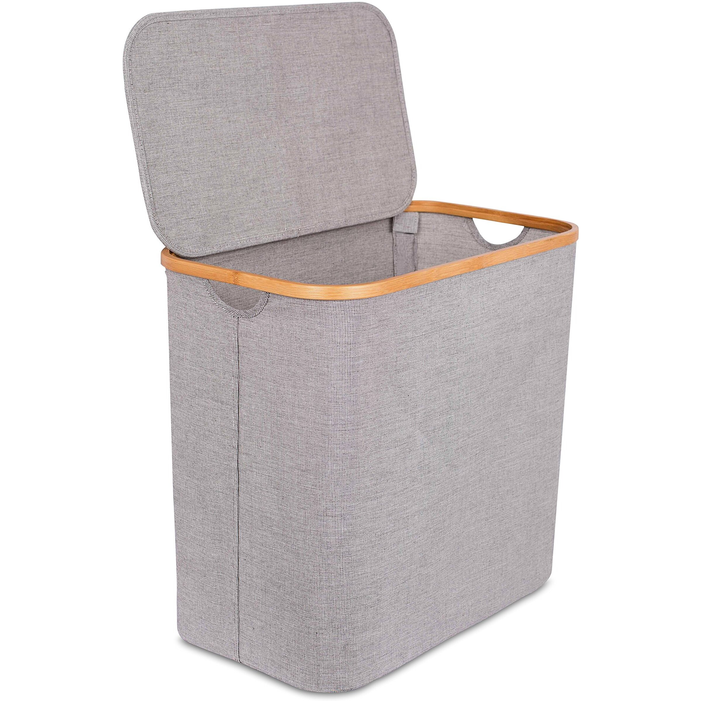 Birdrock Home Bamboo & Canvas Hamper - Laundry Basket Organizer - Lightweight Foldable Clothing Bin With Lid - Modern Covered Laundry Hamper For Clothes, Bedroom, Bathroom, & Dorm - Grey, Single Lid