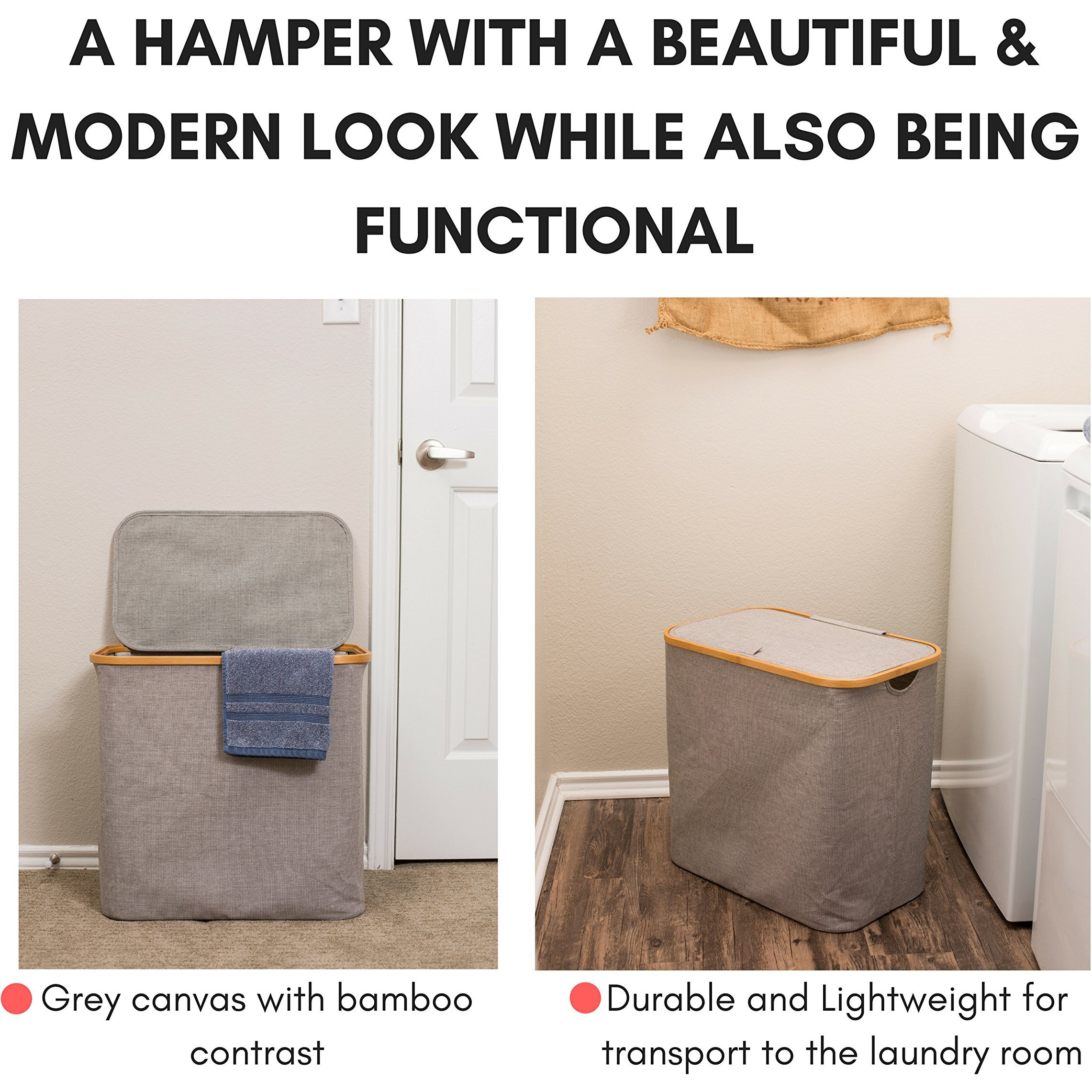 Birdrock Home Bamboo & Canvas Hamper - Laundry Basket Organizer - Lightweight Foldable Clothing Bin With Lid - Modern Covered Laundry Hamper For Clothes, Bedroom, Bathroom, & Dorm - Grey, Single Lid