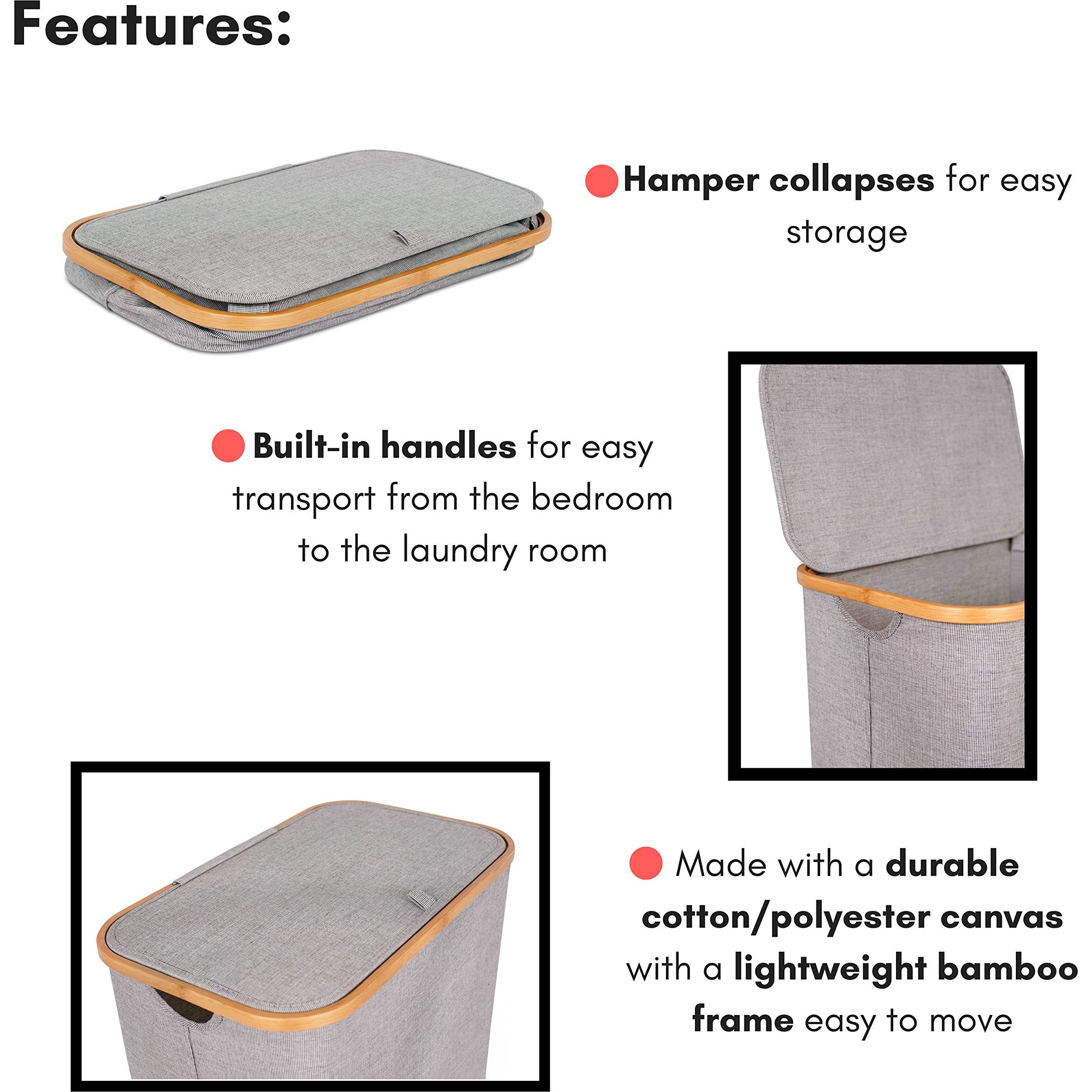 Birdrock Home Bamboo & Canvas Hamper - Laundry Basket Organizer - Lightweight Foldable Clothing Bin With Lid - Modern Covered Laundry Hamper For Clothes, Bedroom, Bathroom, & Dorm - Grey, Single Lid