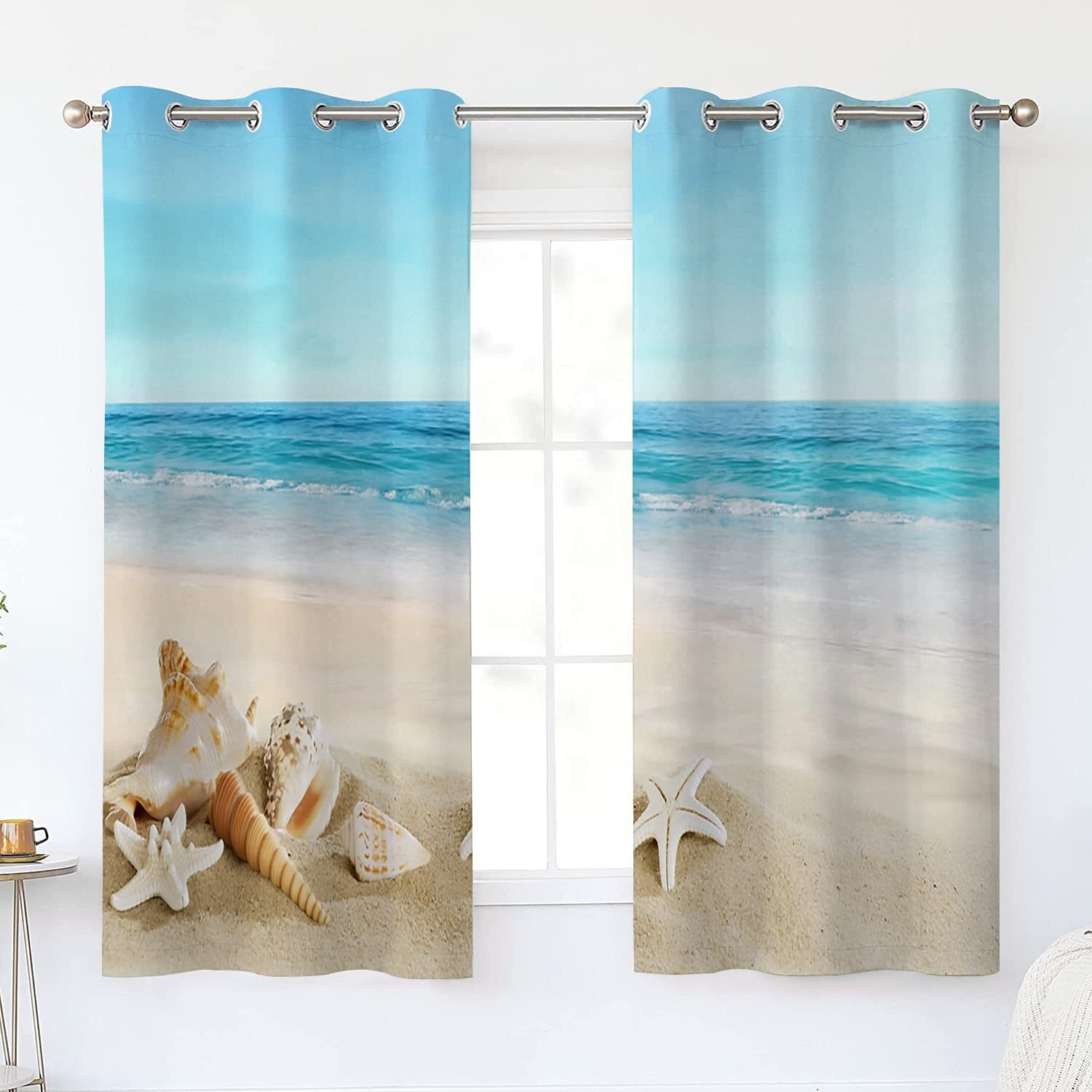 Beach Bathroom Curtains Summer Tropical Beach Starfish Seashell Kitchen Curtains Grommet Privacy Curtain Small Window Curtains For Caf  , Bath, Laundry, Living Room Bedroom 26 X 39 Inch, 2 Panels