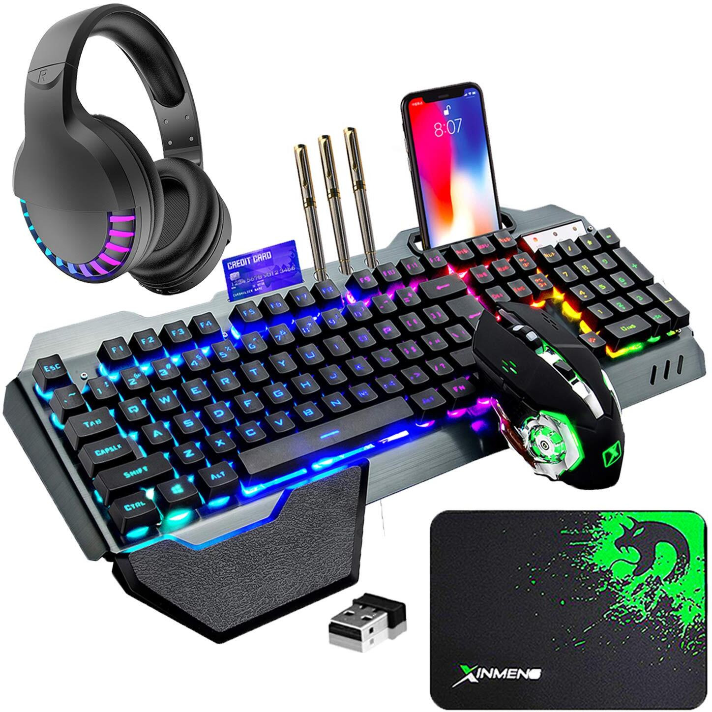 Wireless Gaming Keyboard Mouse Bluetooth Headset Kit With 16 Rgb Backlit Rechargeable Battery Metal Mechanical Ergonomic Waterproof Dustproof Removable Palm Rest For Laptop Pc Gamer(Rainbow Rgb)