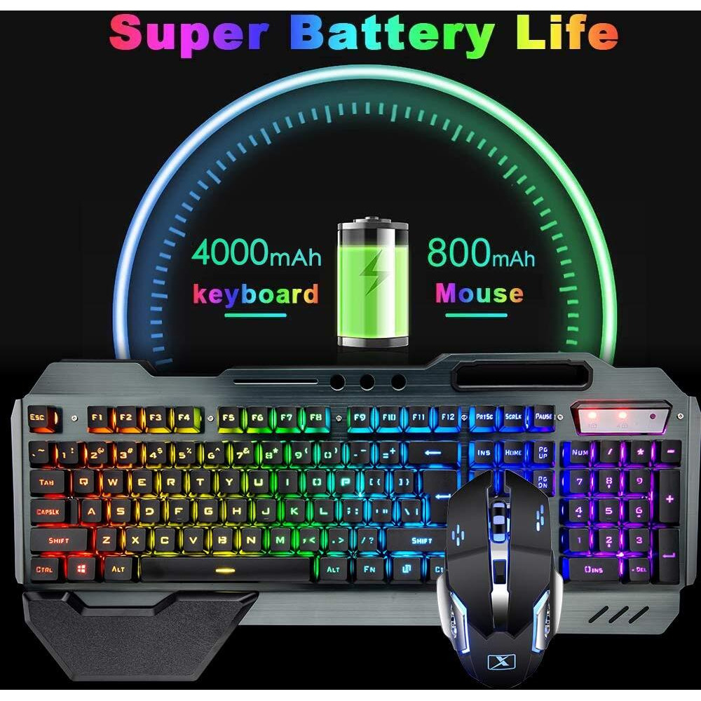 Wireless Gaming Keyboard Mouse Bluetooth Headset Kit With 16 Rgb Backlit Rechargeable Battery Metal Mechanical Ergonomic Waterproof Dustproof Removable Palm Rest For Laptop Pc Gamer(Rainbow Rgb)