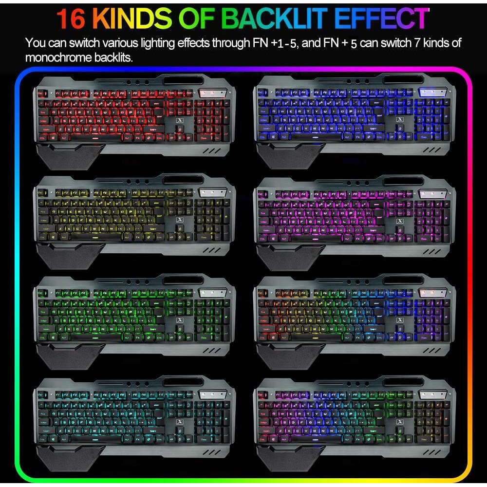 Wireless Gaming Keyboard Mouse Bluetooth Headset Kit With 16 Rgb Backlit Rechargeable Battery Metal Mechanical Ergonomic Waterproof Dustproof Removable Palm Rest For Laptop Pc Gamer(Rainbow Rgb)