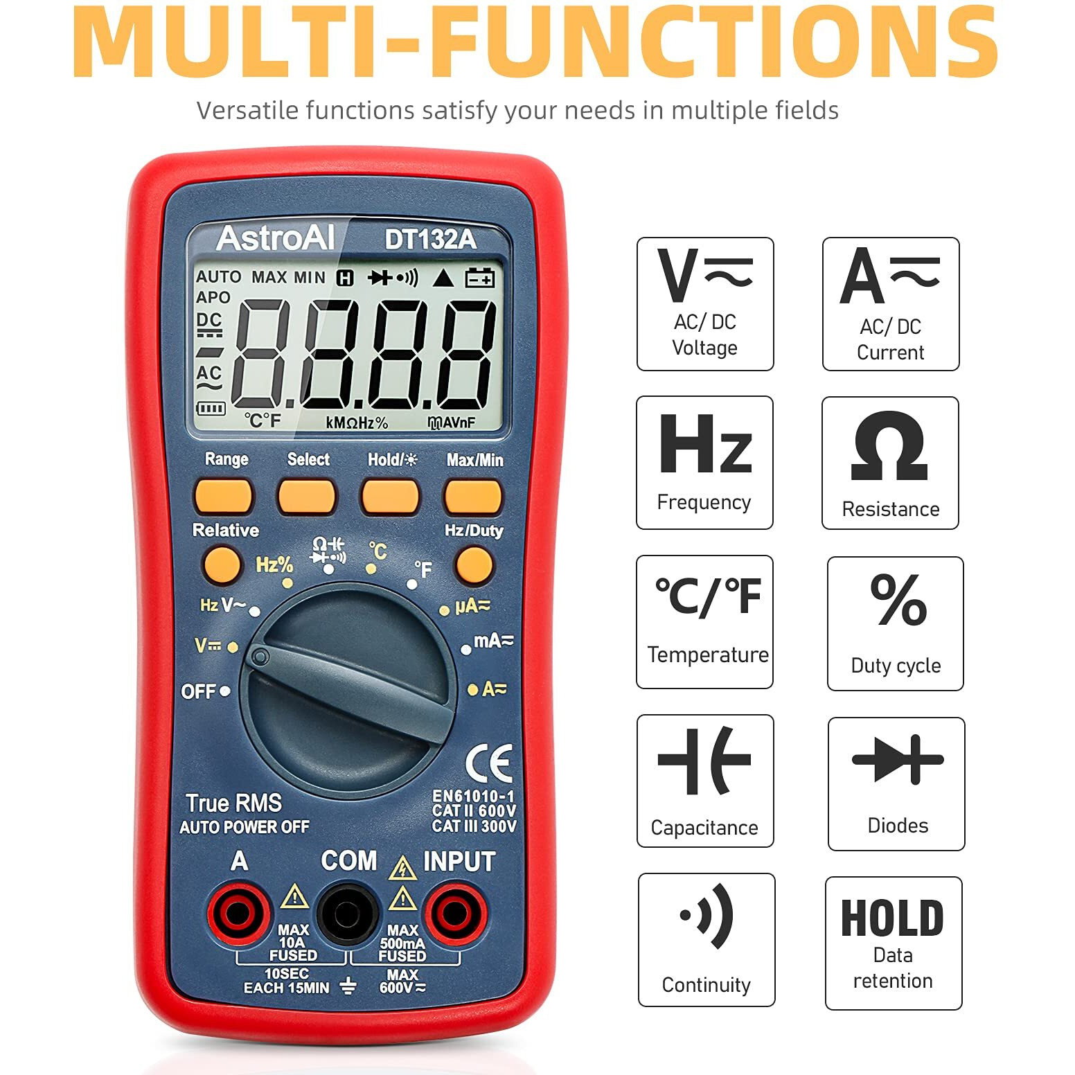 Astroai Digital Multimeter Trms 4000 Counts With Dc Ac Voltmeter And Auto-Ranging Fast Accurately Measures Voltage, Current, Resistance, Capacitance, Temperature, Continuity, Frequency And Duty-Cycle.