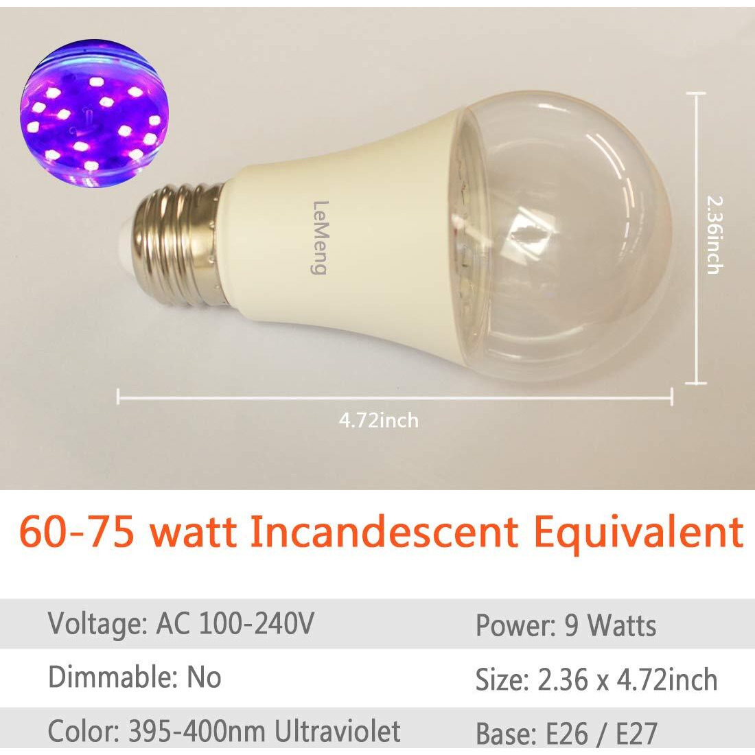 Lemeng Led Black Lights Bulb 9W Blacklight A19(75Watt Equivalent), E26 Medium Base 120V, Uva Level 395-400Nm, Glow In The Dark For Blacklights Party, Body Paint, Fluorescent Poster- 3 Pack