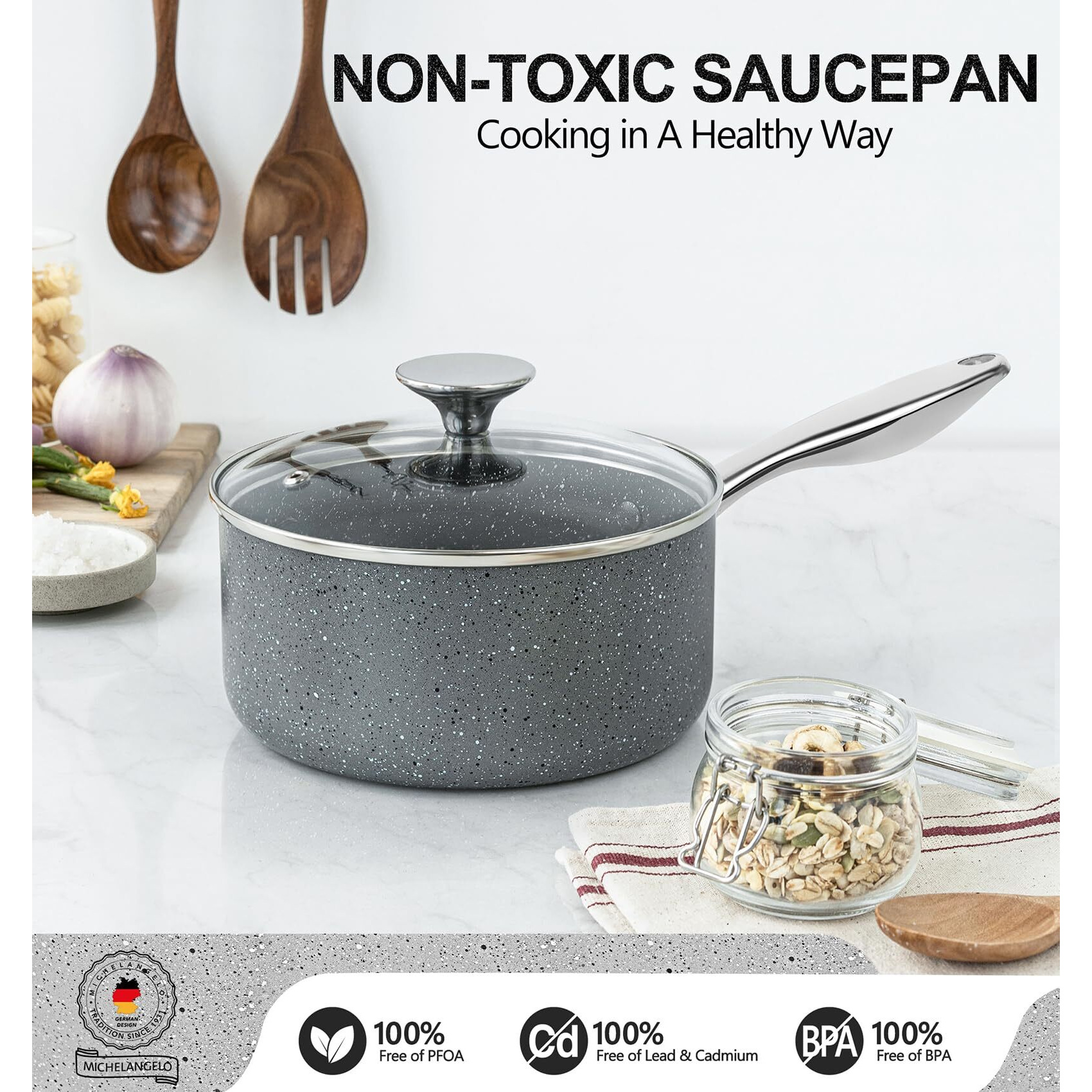Michelangelo Sauce Pan With Lid, 2 Quart Saucepan With Lid Nonstick Small Pot, Granite Sauce Pan With Stainless Steel Handle, 2 Qt Saucepan With Lid Induction Compatible, Gray