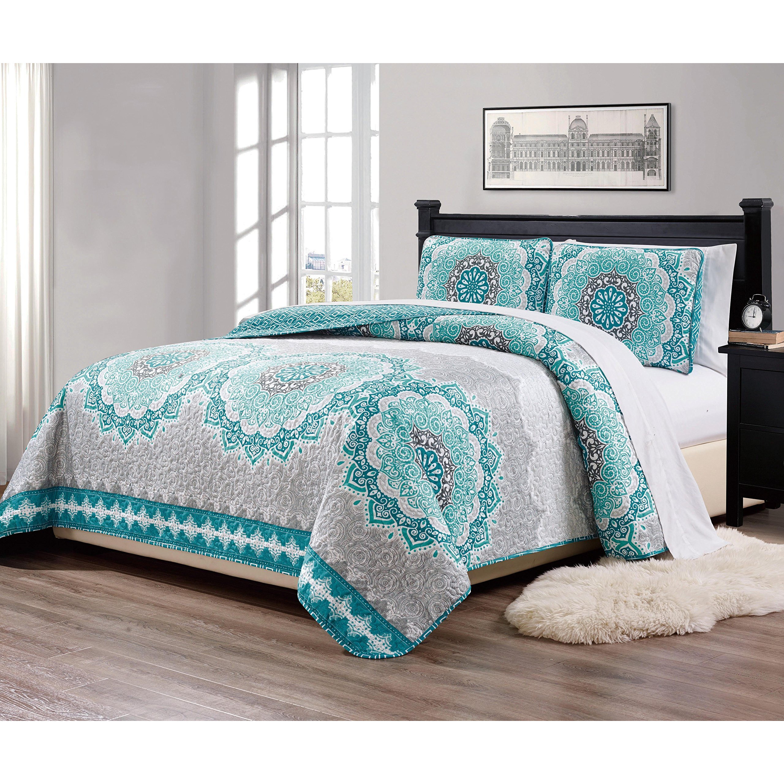 Linen Plus Full/Queen 3Pc Over Size Quilted Bedspread Floral Medallion Turquoise Teal Aqua Coastal Plain/Gray Green New