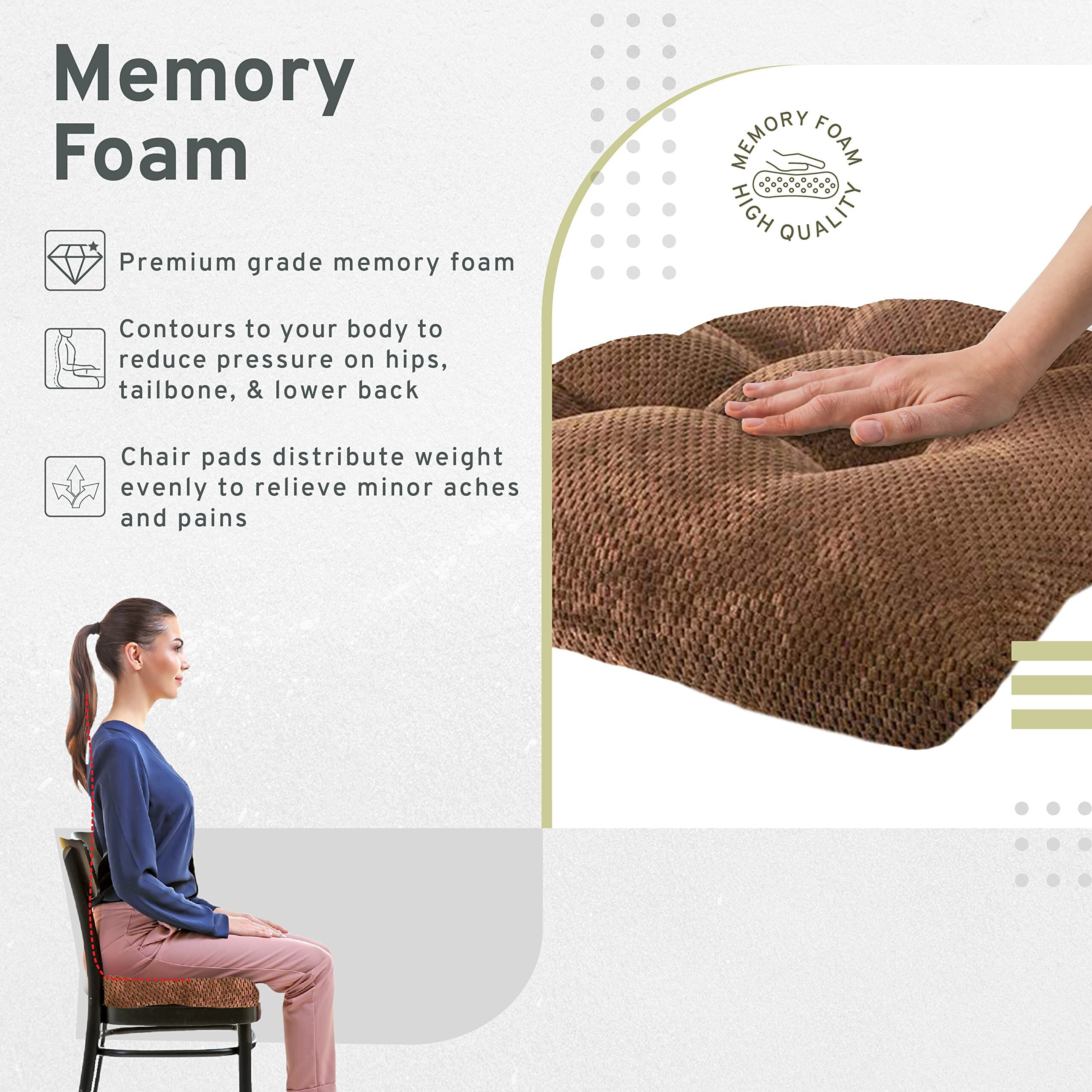 Arlee Chair Cushions For Dining Chairs, Set Of 2 - Memory Foam Chair Pads, Non-Skid Backing - Durable Thick Seat Cushions For Kitchen, Office, Patio, 16"" L X 16"" W - Chocolate Brown