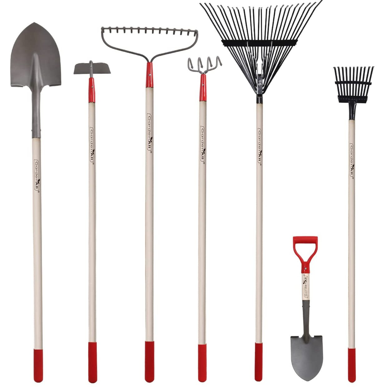 Gardenall 7-Piece Shovels Rakes Hoe Set Garden Tools Gifts For Women Long Wood Handle Pointy Shovels For Digging Short Handle Shovel Meteal Rakes Cultivator Set