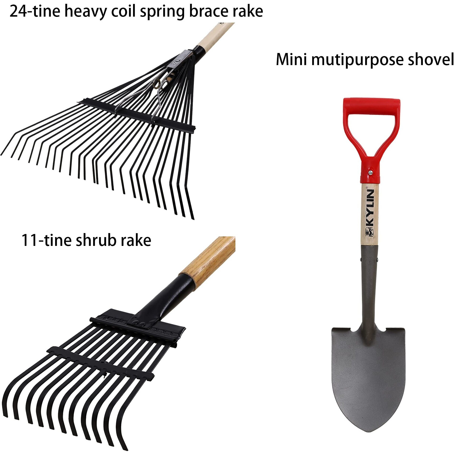 Gardenall 7-Piece Shovels Rakes Hoe Set Garden Tools Gifts For Women Long Wood Handle Pointy Shovels For Digging Short Handle Shovel Meteal Rakes Cultivator Set