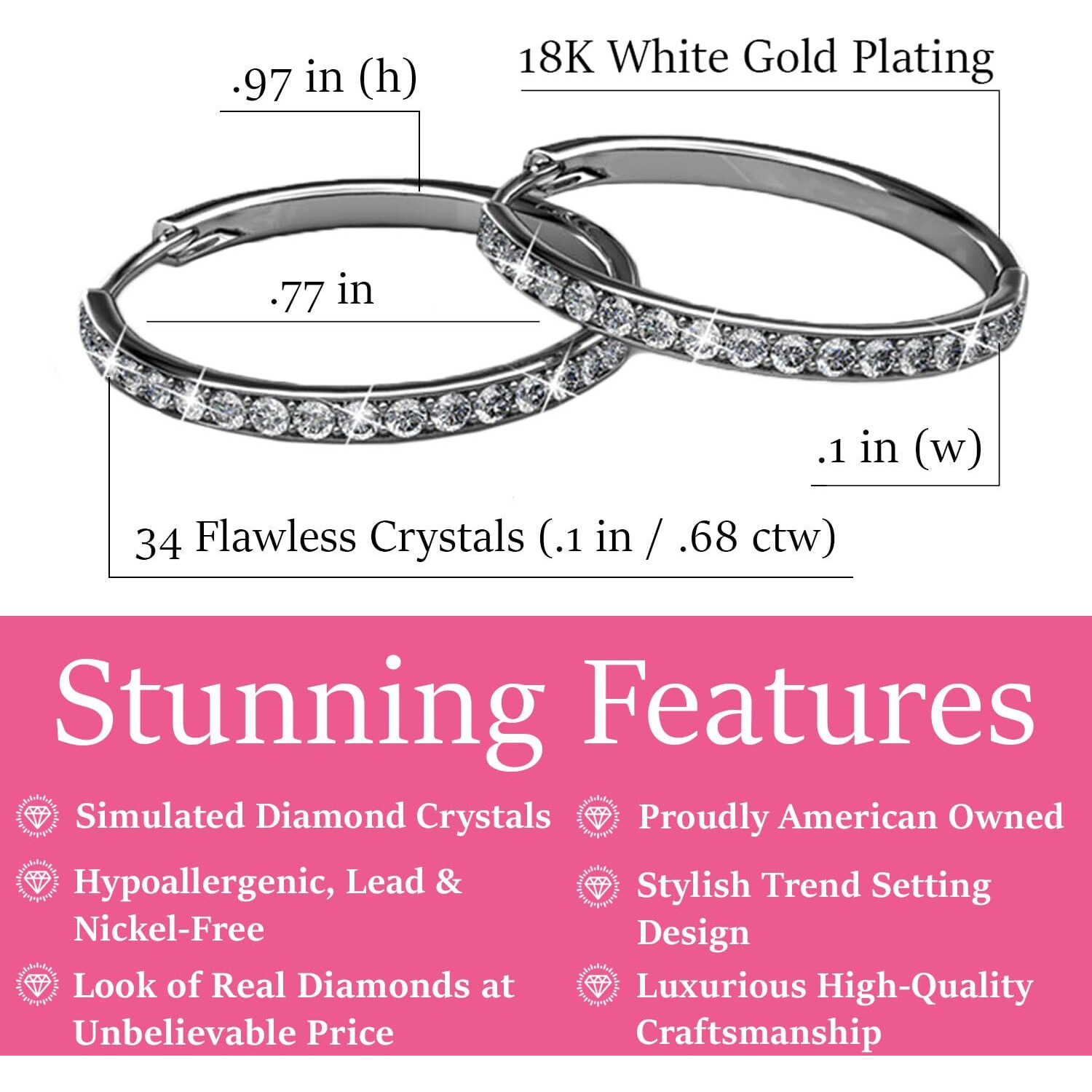 Bianca Fair    18K White Gold Plated Swarovski Hoop Earrings, Silver Hoop Earrings, Small Hoop Earrings