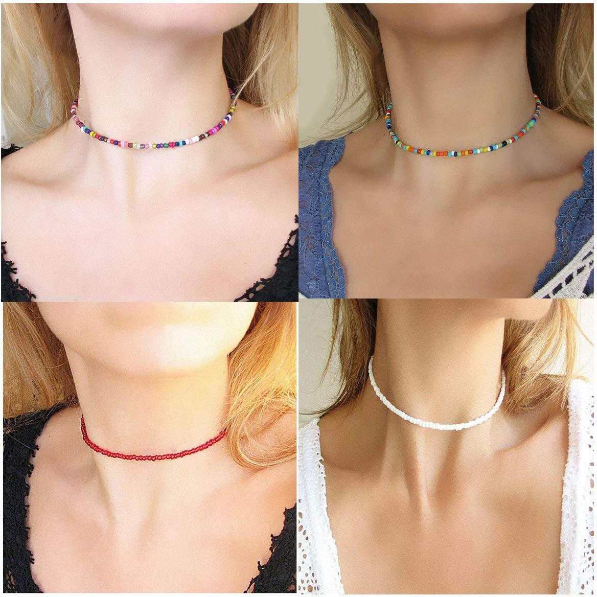 Wremily 6 Pieces Beaded Choker Necklaces For Women Boho Seed Bead Choker Set Bead Necklace