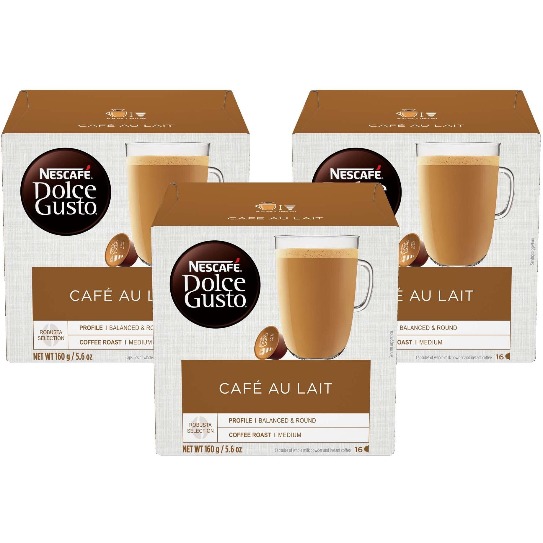 Dolce Gusto Nescafe Coffee Pods, Cafe Au Lait, 16 Count, Pack Of 3