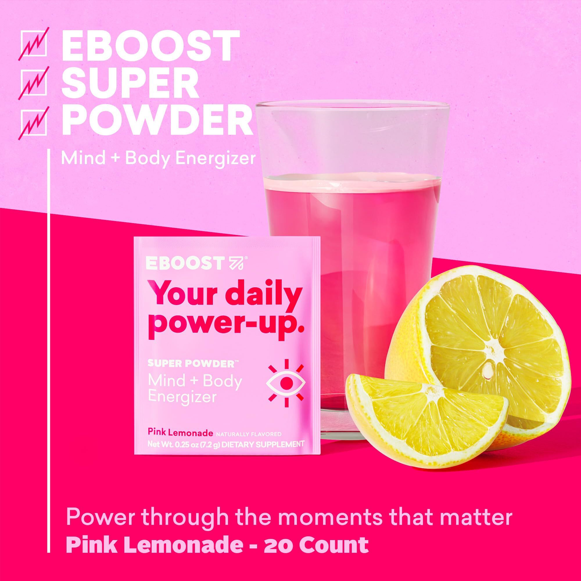 Eboost Energy Drink & Electrolyte Powder, 20 Packets - Super Powder Pink Lemonade With No Added Sugar - Essential Blend Of Vitamins, Nootropics & Natural Caffeine And Hydration - Pre & Post Workout