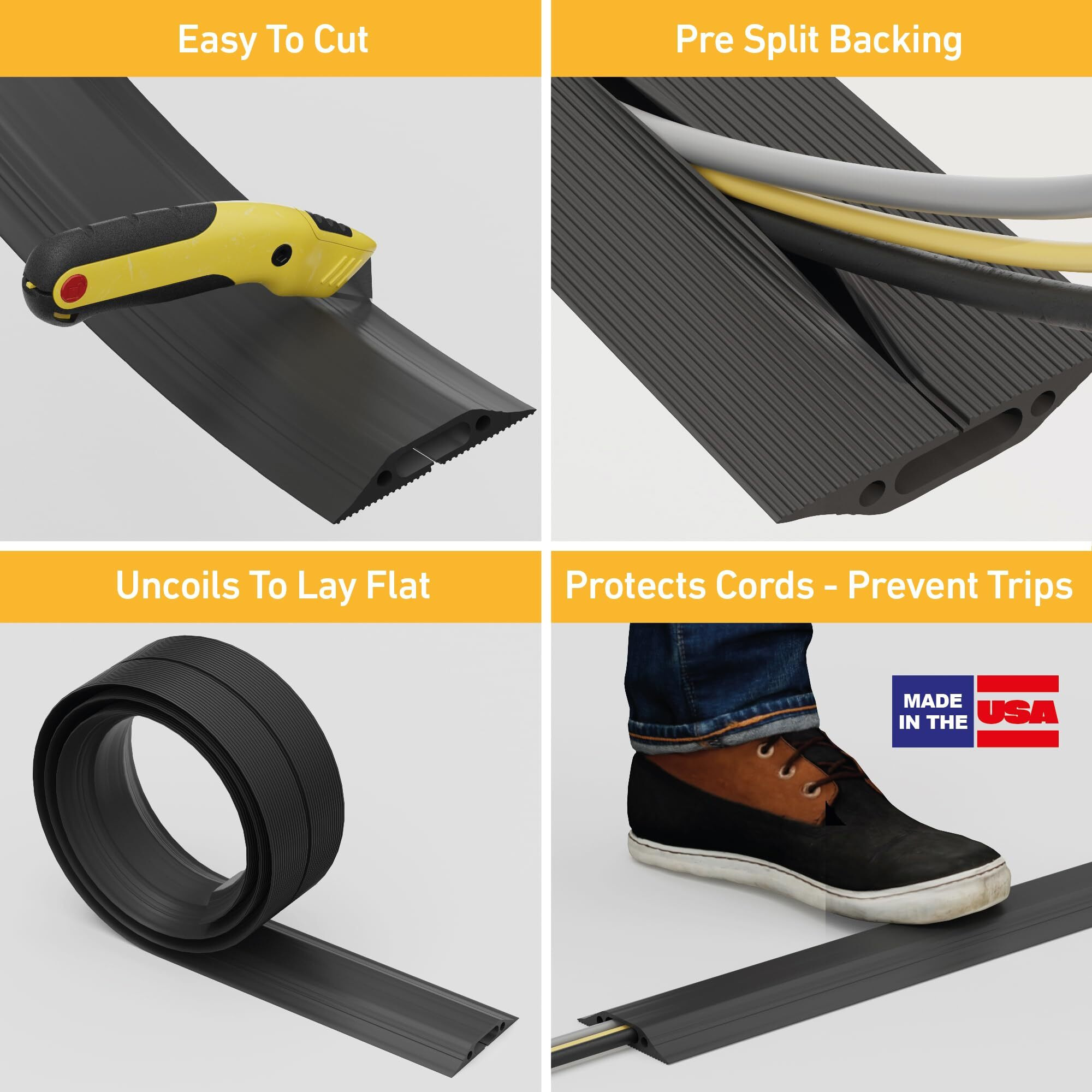 D-Line 30Ft Floor Cord Cover, Made In Usa Linkable Cable Protector, Hide Extension Cords, Protect Cords, Prevent Cable Trips, Cord Hider, Heavy Duty - Cord Cavity  1.18"" (W) X 0.39"" (H) - Black