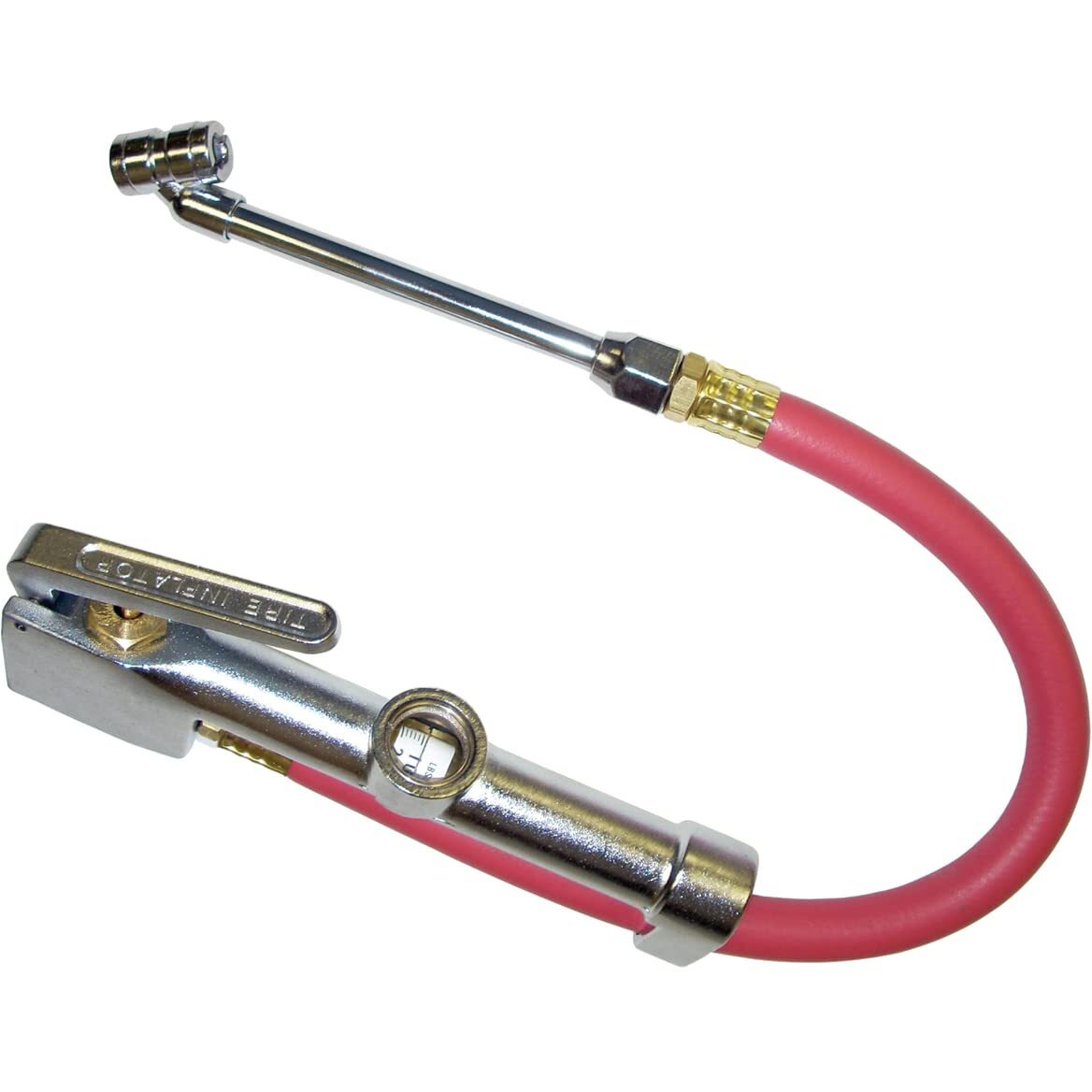 K Tool International 89002 Tire Inflator Gauge With Dual-Head Chuck For Garages, Repair Shop And Diy, 15"" Air Hose, 1/4"" Npt, 10 To 120 Psi, Chrome Plated Head, Weather Proof Aluminum Body, Angled Tip