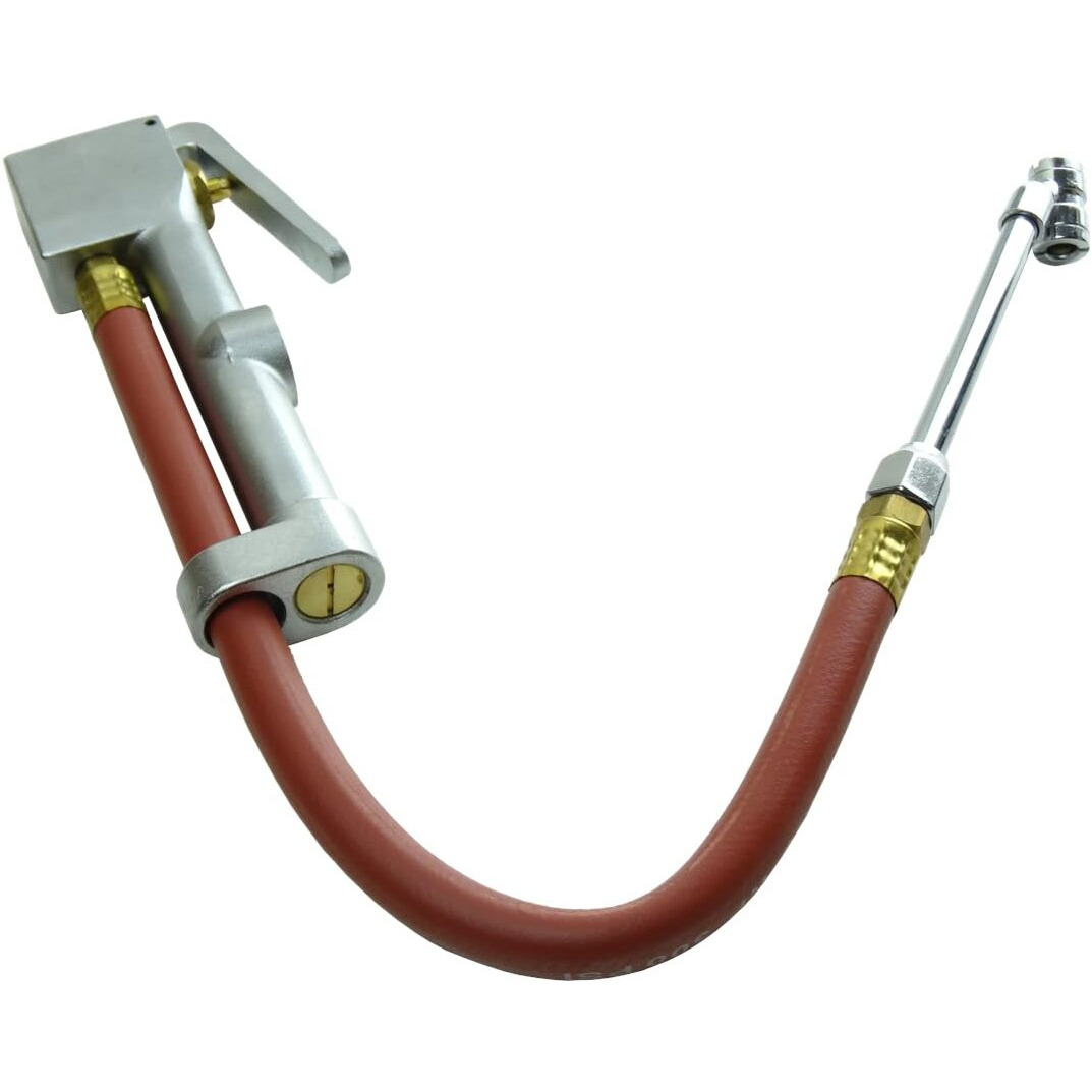 K Tool International 89002 Tire Inflator Gauge With Dual-Head Chuck For Garages, Repair Shop And Diy, 15"" Air Hose, 1/4"" Npt, 10 To 120 Psi, Chrome Plated Head, Weather Proof Aluminum Body, Angled Tip