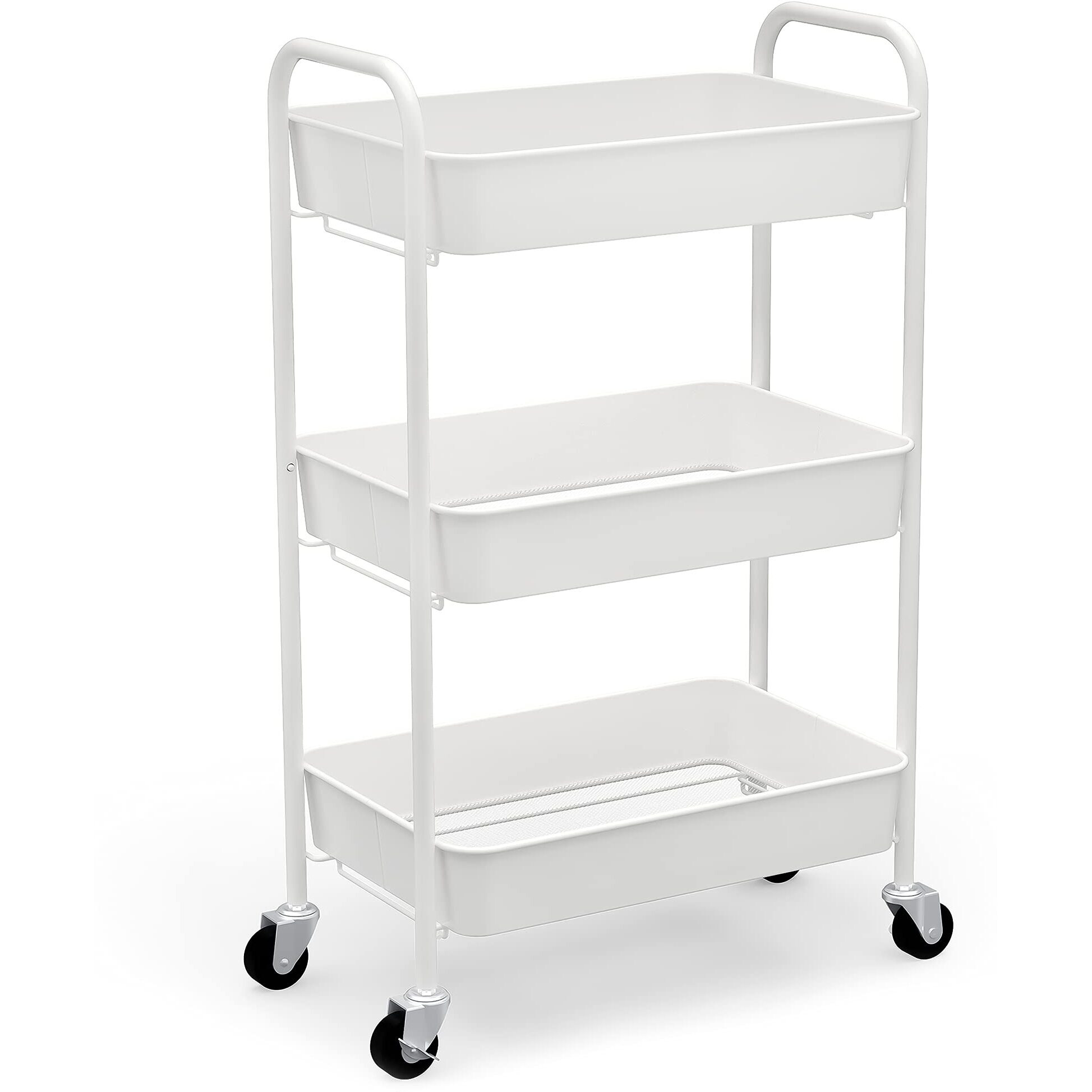 Caxxa 3-Tier Rolling Metal Storage Organizer - Mobile Utility Cart Kitchen Cart With Caster Wheels, White
