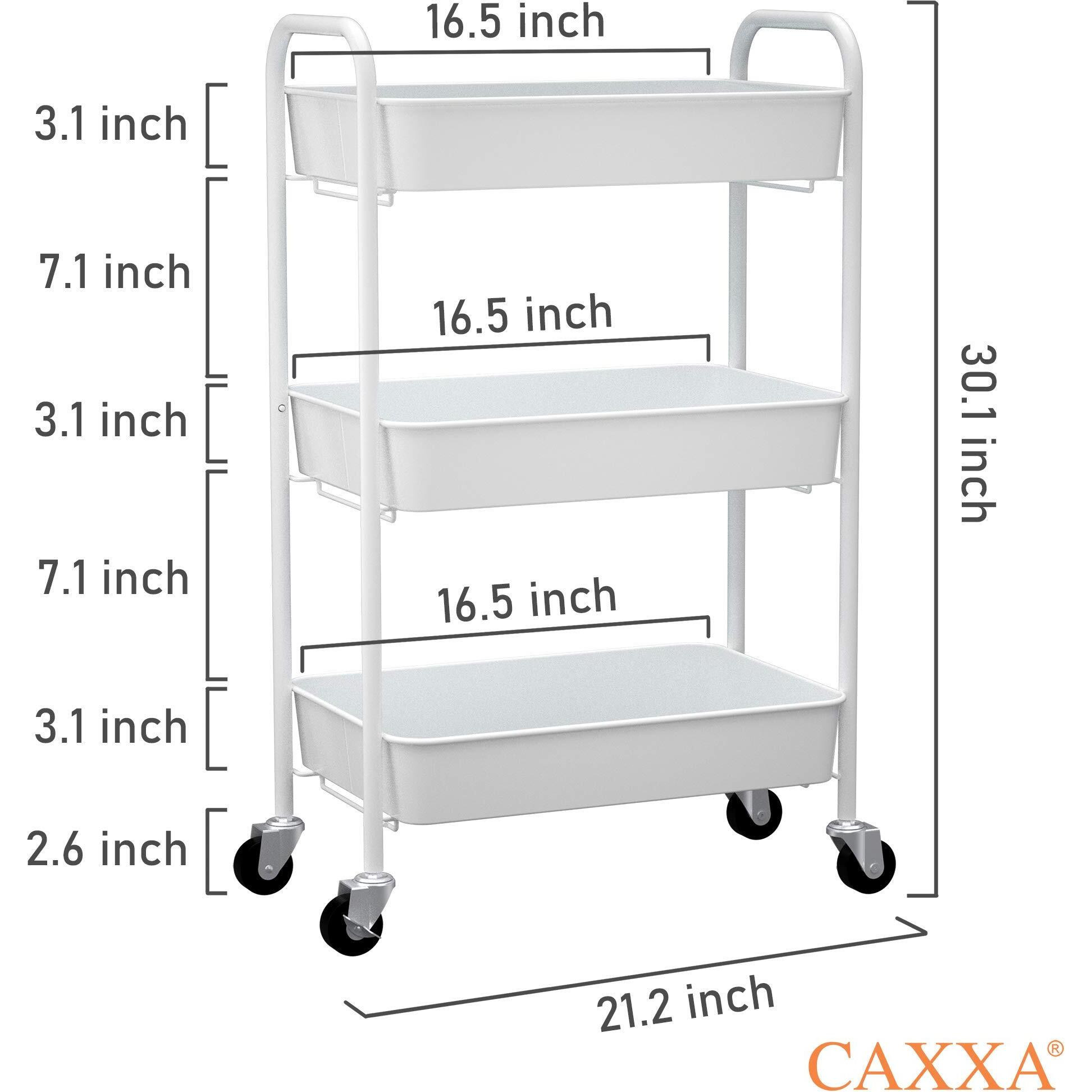 Caxxa 3-Tier Rolling Metal Storage Organizer - Mobile Utility Cart Kitchen Cart With Caster Wheels, White